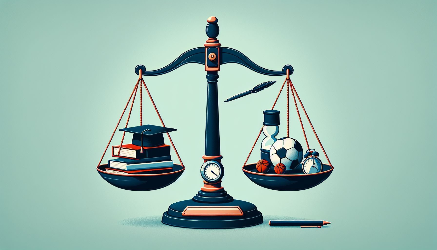 Una balanza equilibrada con componentes críticos de admisión en cada lado. Un lado sostiene libros de texto, un birrete de graduación y una pelota deportiva, representando la excelencia académica y la participación extracurricular. El otro lado contiene una pluma y un reloj de arena, simbolizando la planificación estratégica y la mentoria persistente.
