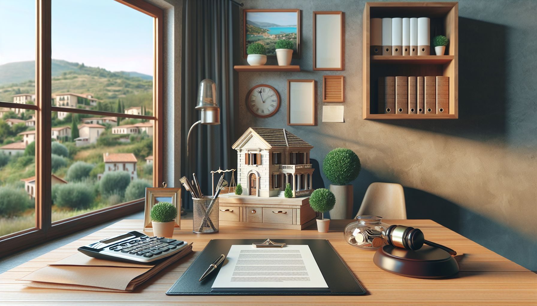 Una composición en plano de documentos y símbolos relacionados con los aspectos financieros y legales de la compra de una propiedad en Italia. Esto podría incluir un contrato, una calculadora y quizás una maqueta a escala arquitectónica, vinculándola a la sección financiera y legal de la guía.