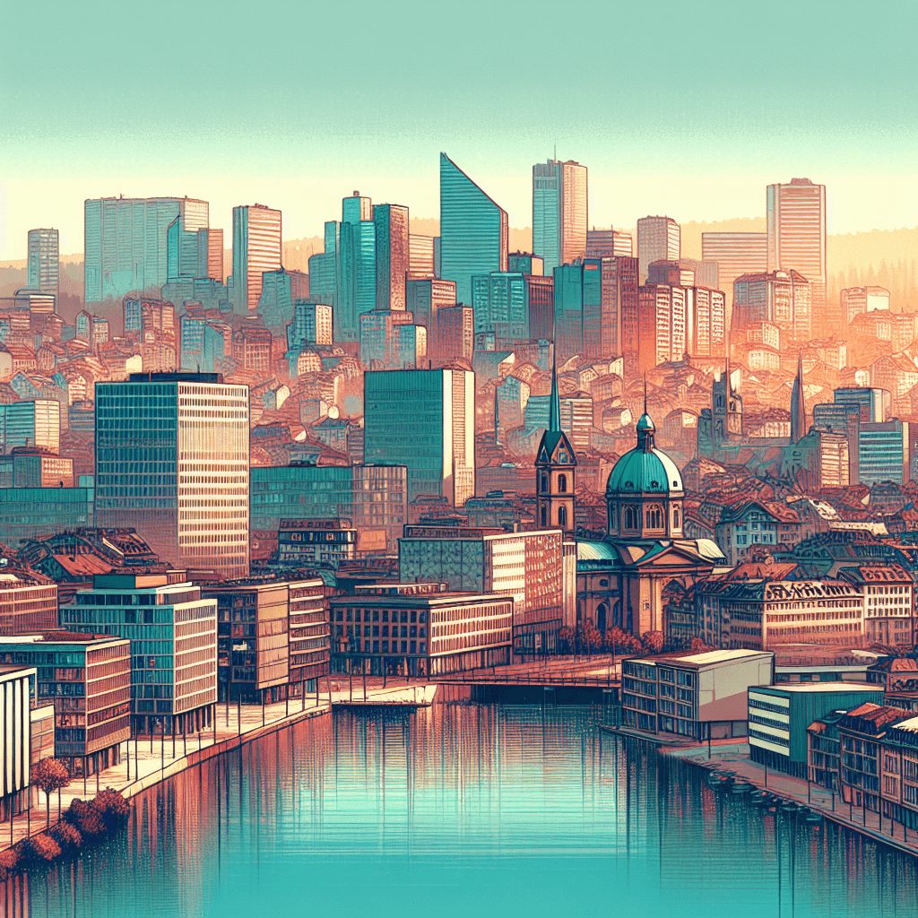 A photograph of a Swiss cityscape with various business buildings signifying the booming economy of the location.