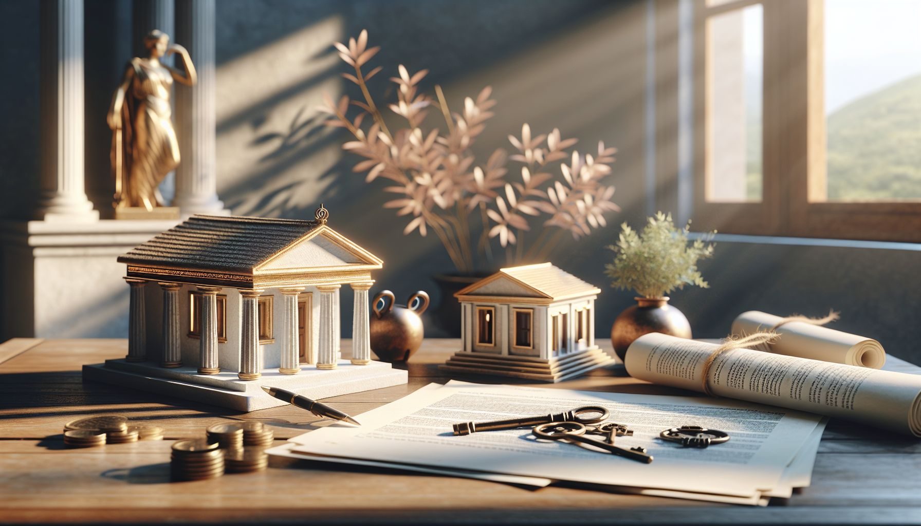 Une disposition à plat de documents, de clés et d'une maquette de maison représentant le processus d'achat immobilier en Grèce, donnant une idée des documents juridiques impliqués et de la satisfaction de posséder enfin une propriété.