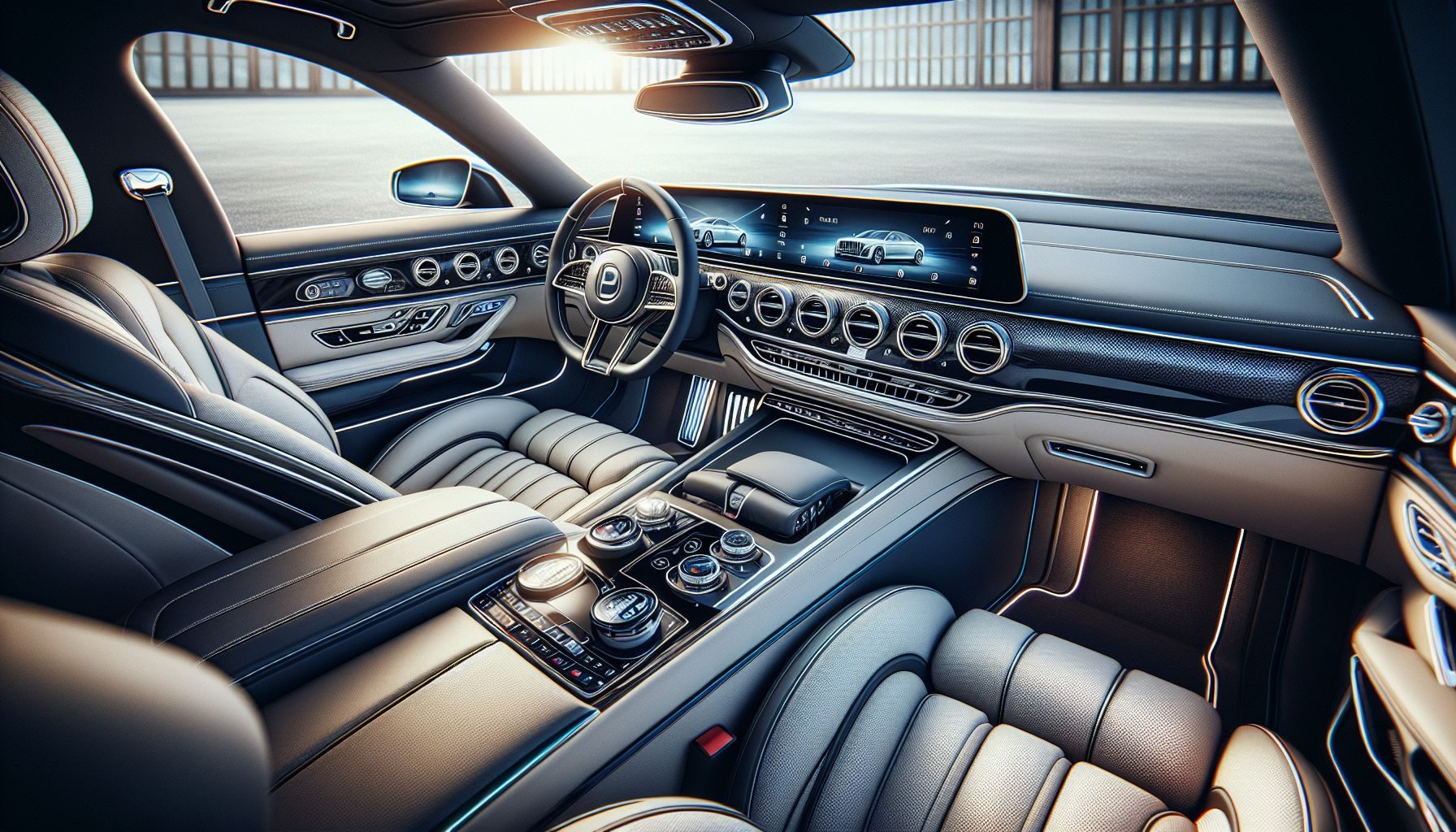 L'intérieur d'une BMW Série 7, mettant en évidence les caractéristiques haut de gamme, le rembourrage luxueux, et le tableau de bord sophistiqué sans aucune présence humaine.