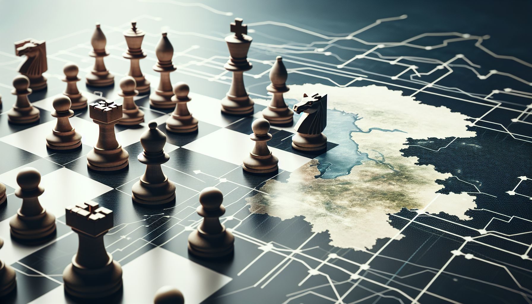 A symbolic image of a chessboard with pieces, representing strategic planning and careful movements, with a map of Lithuania subtly integrated in the background.