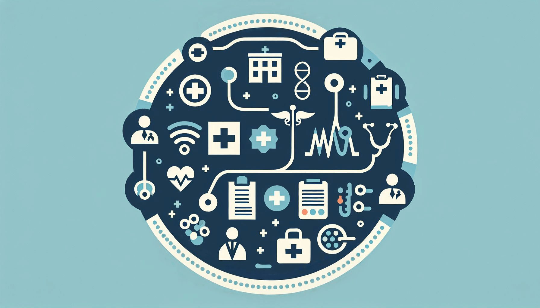 A stylized graphic showing the structure of Norway's healthcare system, with icons representing the primary health care, specialist health services, and governing bodies.