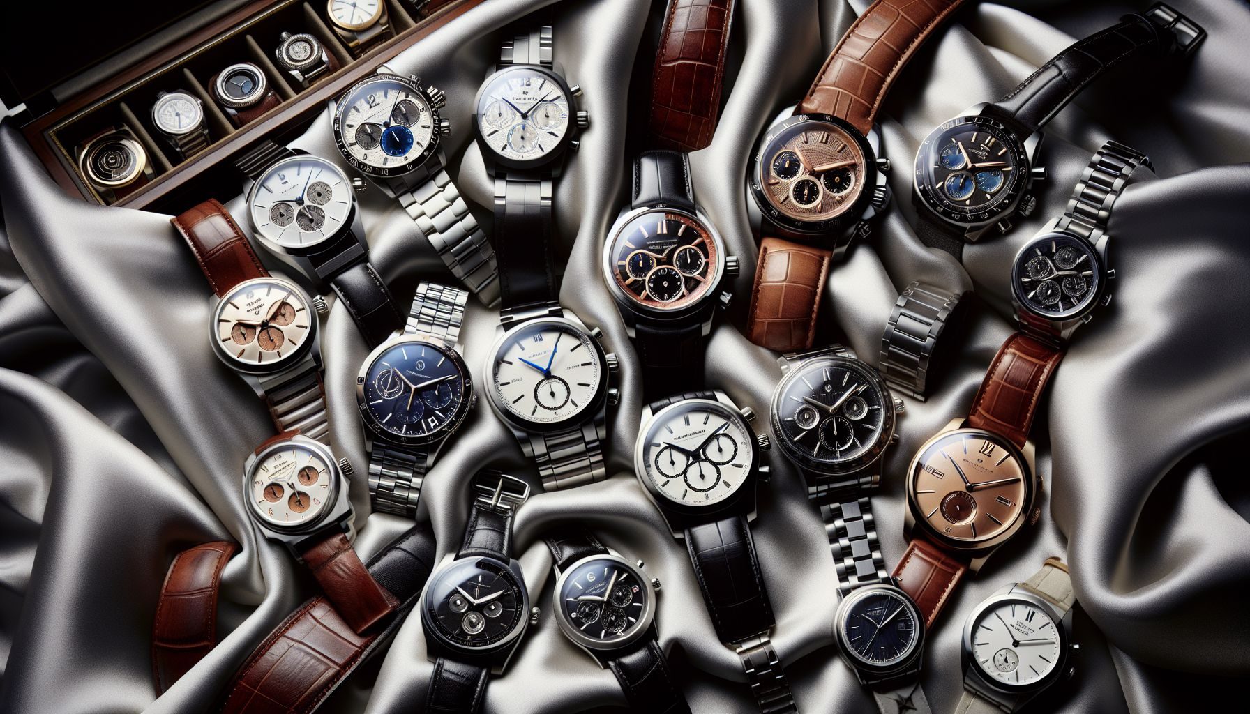 An array of luxury watches from top Italian brands, each with its unique design and craftsmanship, displayed enticingly on a luxurious satin cloth.