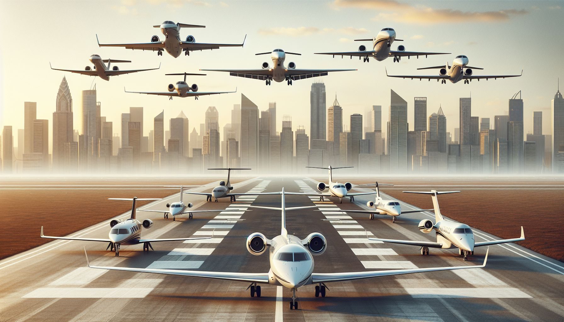 A lineup of different types of private jets and planes on a runway, representing the range of aircraft options including turboprop, light jet, or heavy jet.
