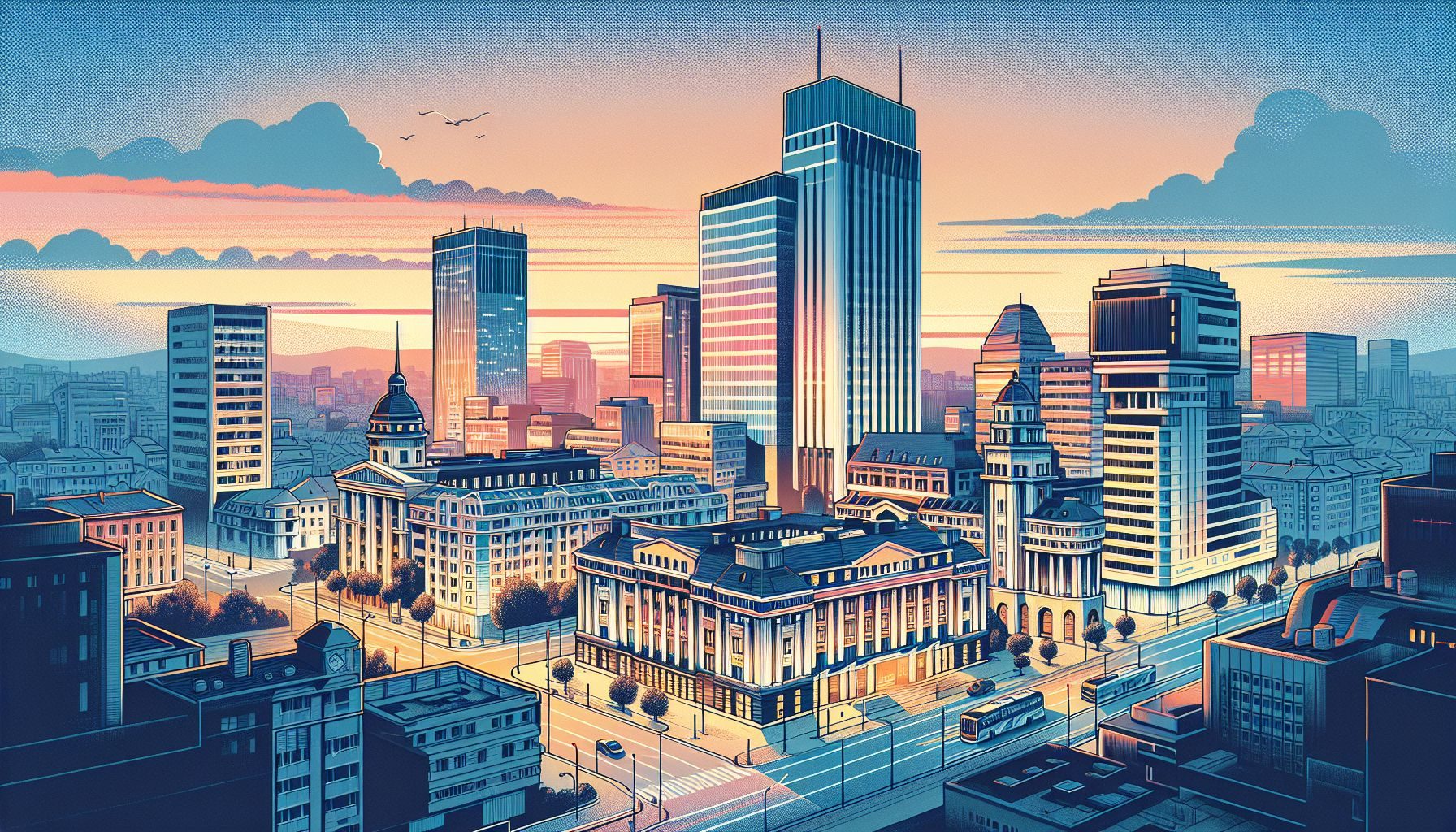 Una vista ilustrativa de un típico paisaje urbano rumano al atardecer, con énfasis arquitectónico en el distrito de negocios, transmitiendo el próspero paisaje de negocios rumano.