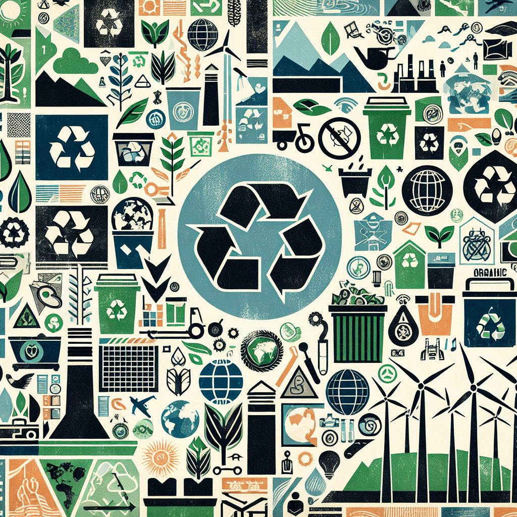 A dynamic collage illustrating a variety of sustainable practices within different industries, such as renewable energy, waste management, and ethical sourcing.