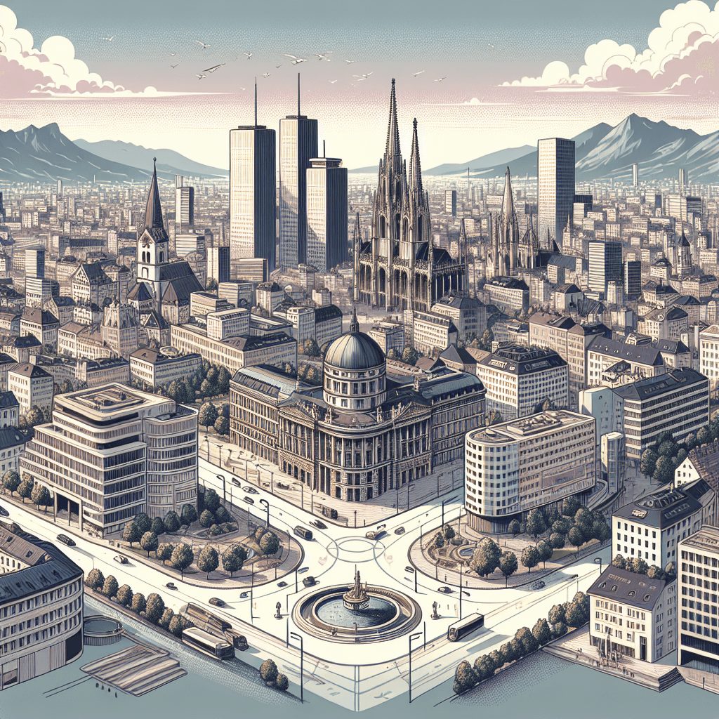 A panoramic view of the Austrian cityscape, illustrating the business opportunities it holds, with symbolic images like rules, regulations, or paperwork subtly embedded within.
