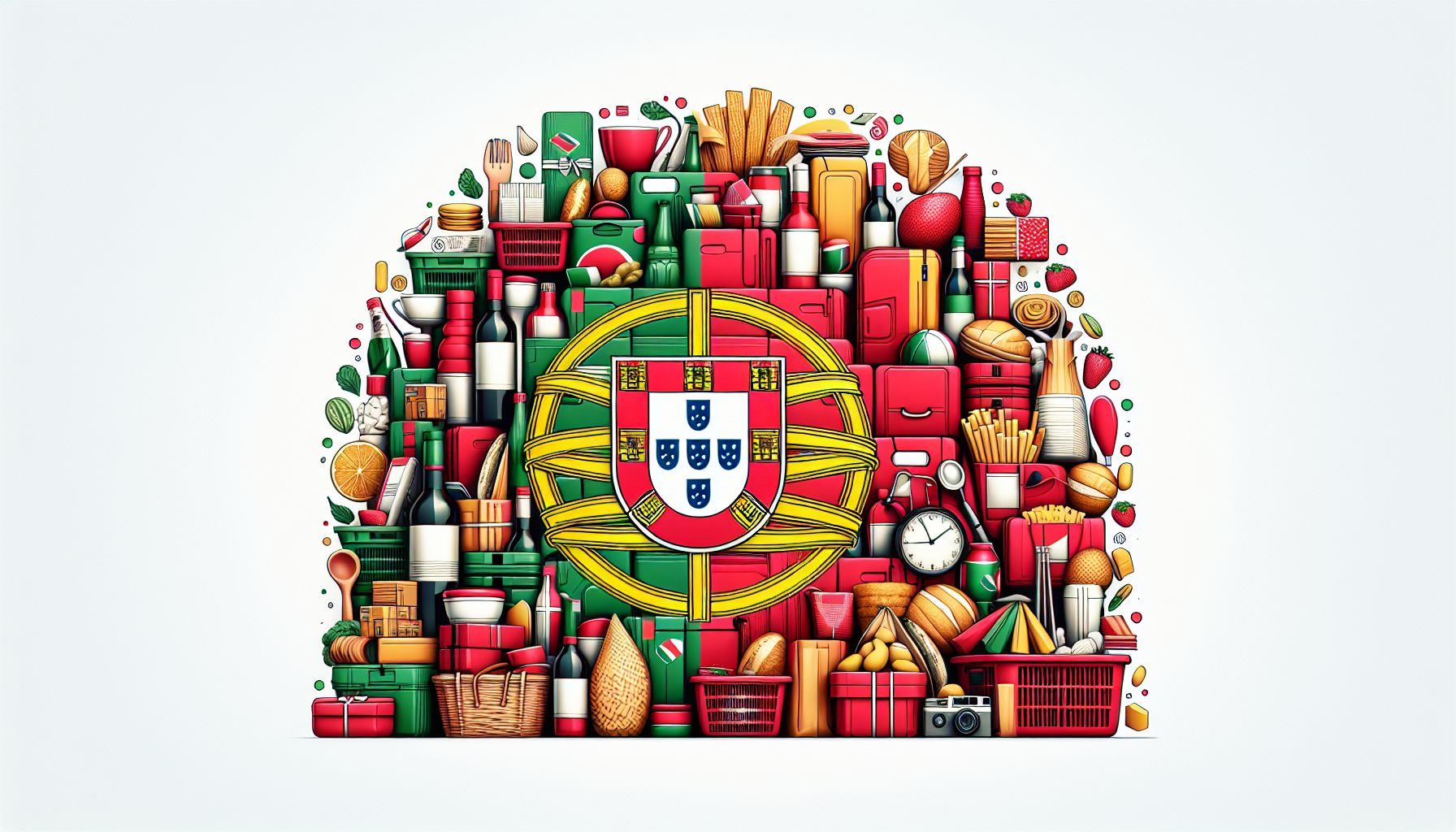 A collection of various types of merchandise with a Portuguese flag overlay, symbolizing the importation of goods into Portugal.