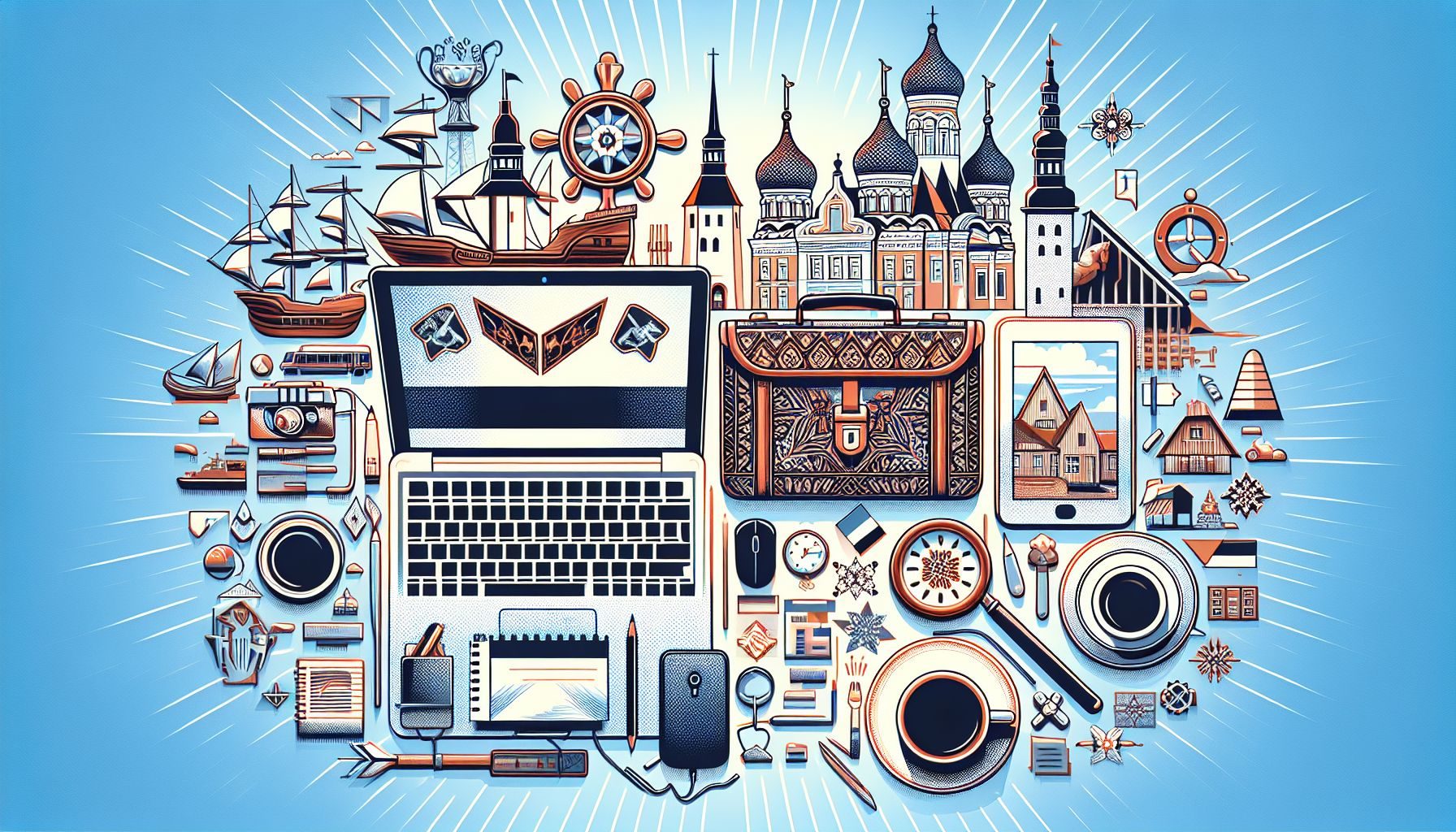 Une image représentant la culture locale estonienne et l'équilibre entre le travail et la vie personnelle, représentée par des objets liés au travail comme un ordinateur portable ou une mallette, combinés à des symboles culturels ou des monuments de l'Estonie en toile de fond.