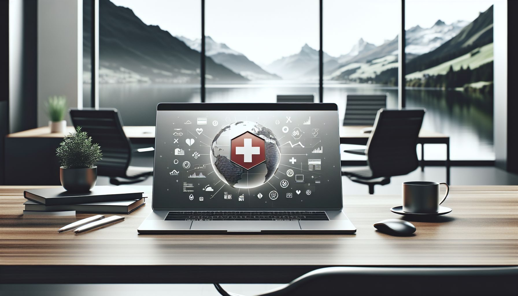 Un primer plano de una pantalla de laptop que muestra un diseño web inspirado en Suiza, con elementos metafóricos sutiles que representan la optimización de SEO y la localización para el mercado suizo.