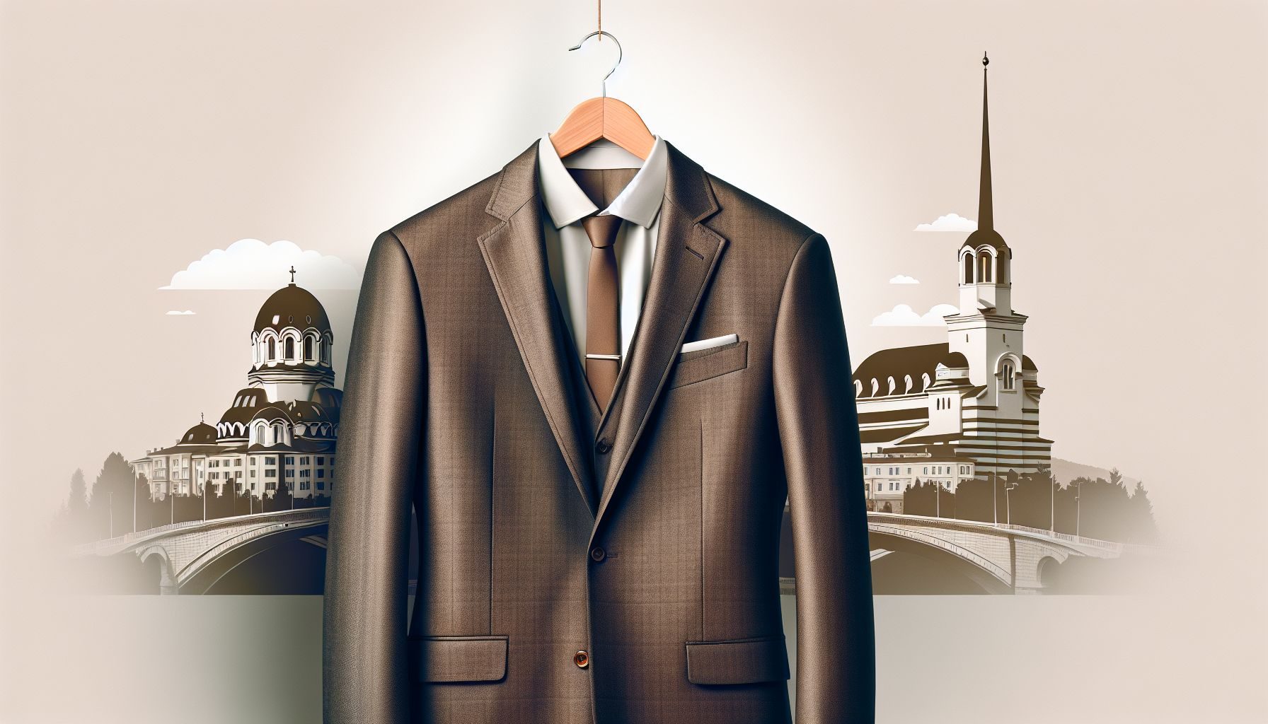 Una representación de un atuendo de negocios formal, como un traje bien planchado colgado contra un fondo neutro, mostrando la importancia de vestir formalmente para reuniones de negocios en Bulgaria.