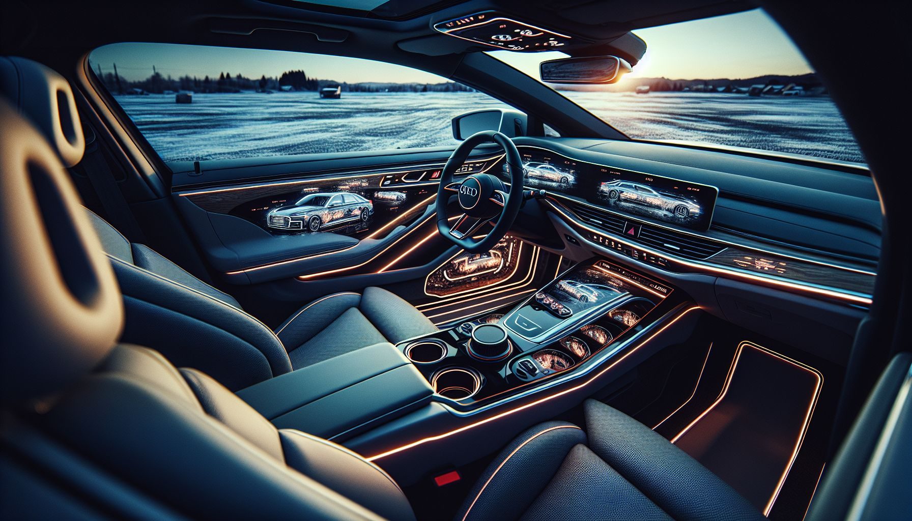 An image of a self-illuminated interior of an Audi A8 showcasing its plush seating and high-tech control consoles. The car parked at an open location showing diverse Slovenian surface conditions.