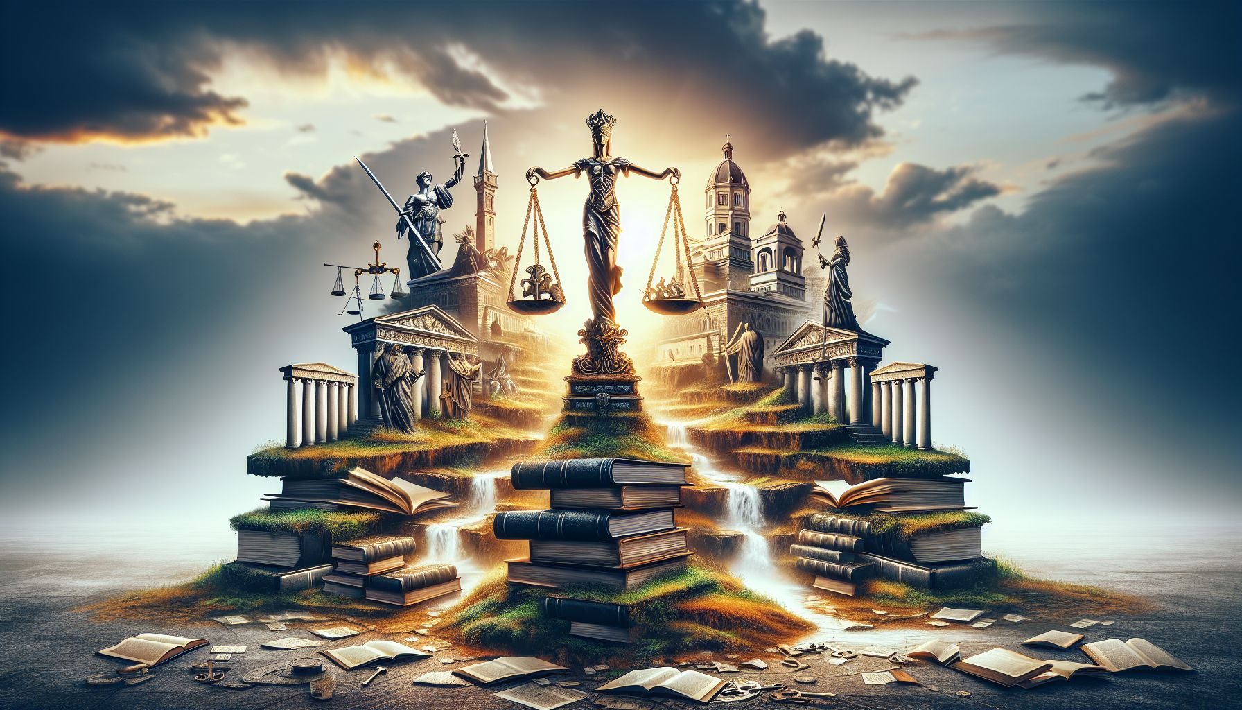 Um colagem apresentando vários marcos e símbolos Sérvios, misturada com imagens relacionadas a documentos legais ou legislação para representar as leis de negócios Sérvias.