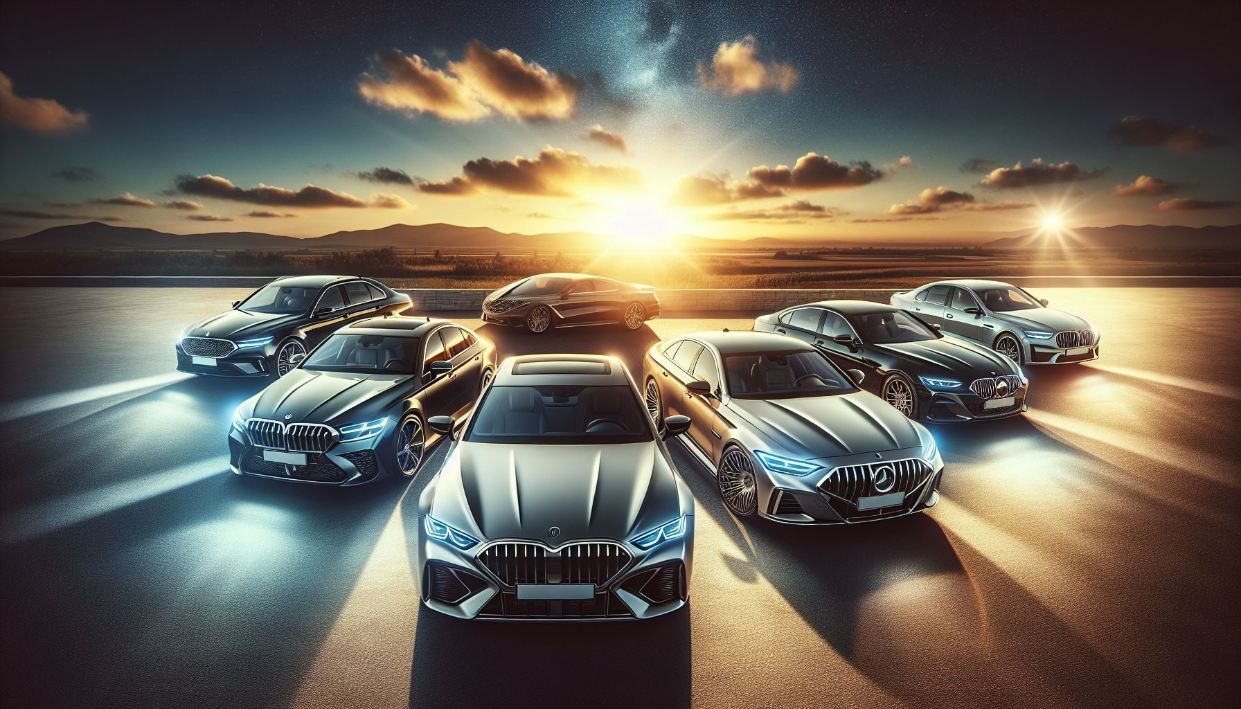 Uma foto panorâmica de cinco carros de luxo, incluindo um Mercedes-Benz Classe S, um BMW Série 7, um Audi A8, um Porsche Panamera e um Volkswagen Phaeton, alinhados perfeitamente sob a radiante luz do sol.