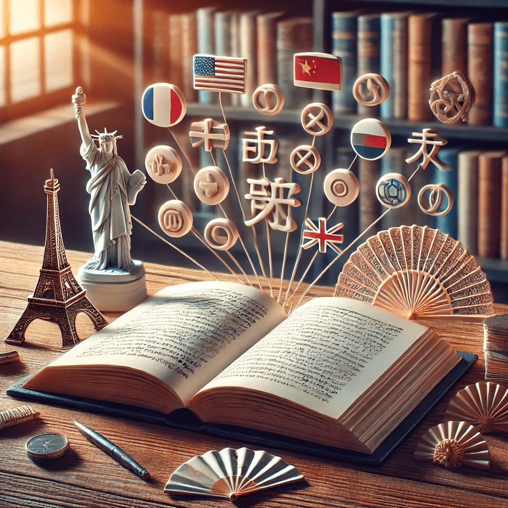 An illustration representing the process of localization. An image featuring an open product manual with one side filled with content in English and the other side translating to French would work well.