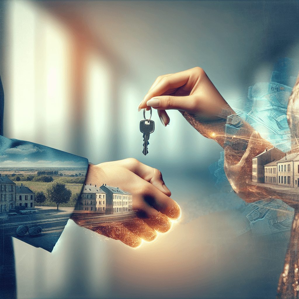 A close-up of a handshake and keys being exchanged with a visually soft overlay of Euro currency, symbolizing property purchase and the financial aspects involved in a property transaction.