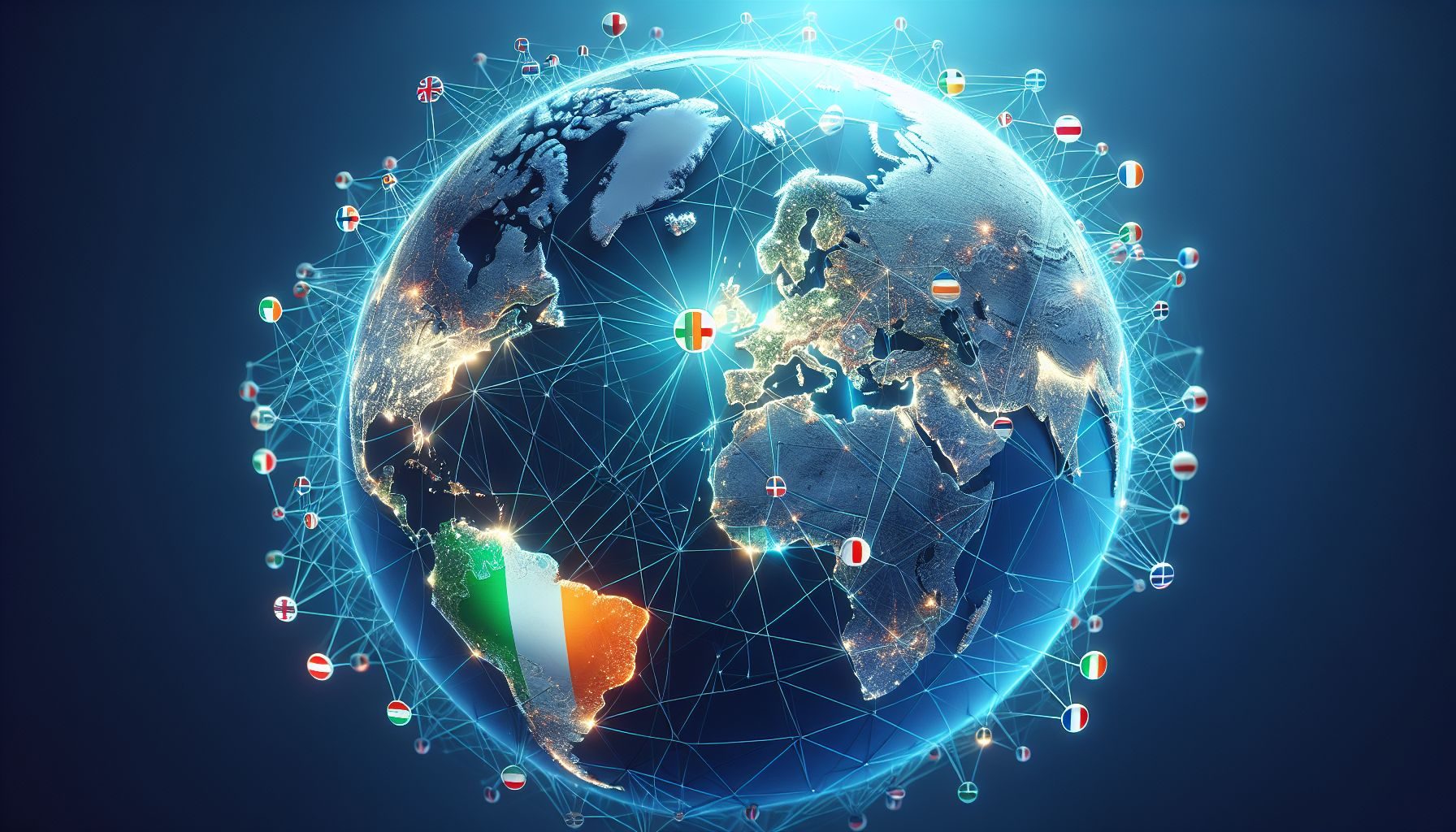 A connected globe or world map highlighting Ireland and demonstrating Ireland's extensive tax treaty network with 74 countries.