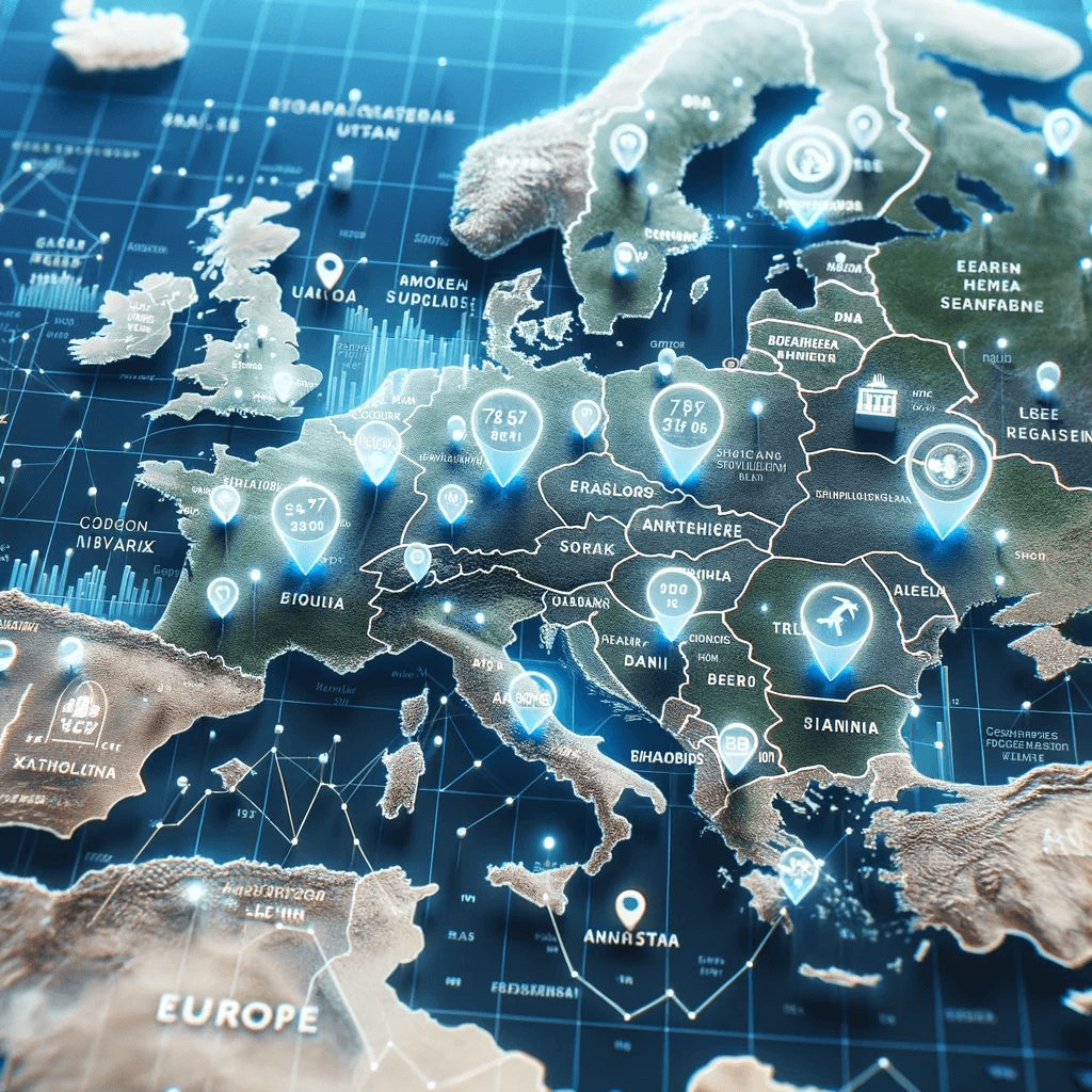 Photo of a detailed map of Europe, with major cities highlighted and pins marking booming industries. On the map, subtle digital overlays like graphs