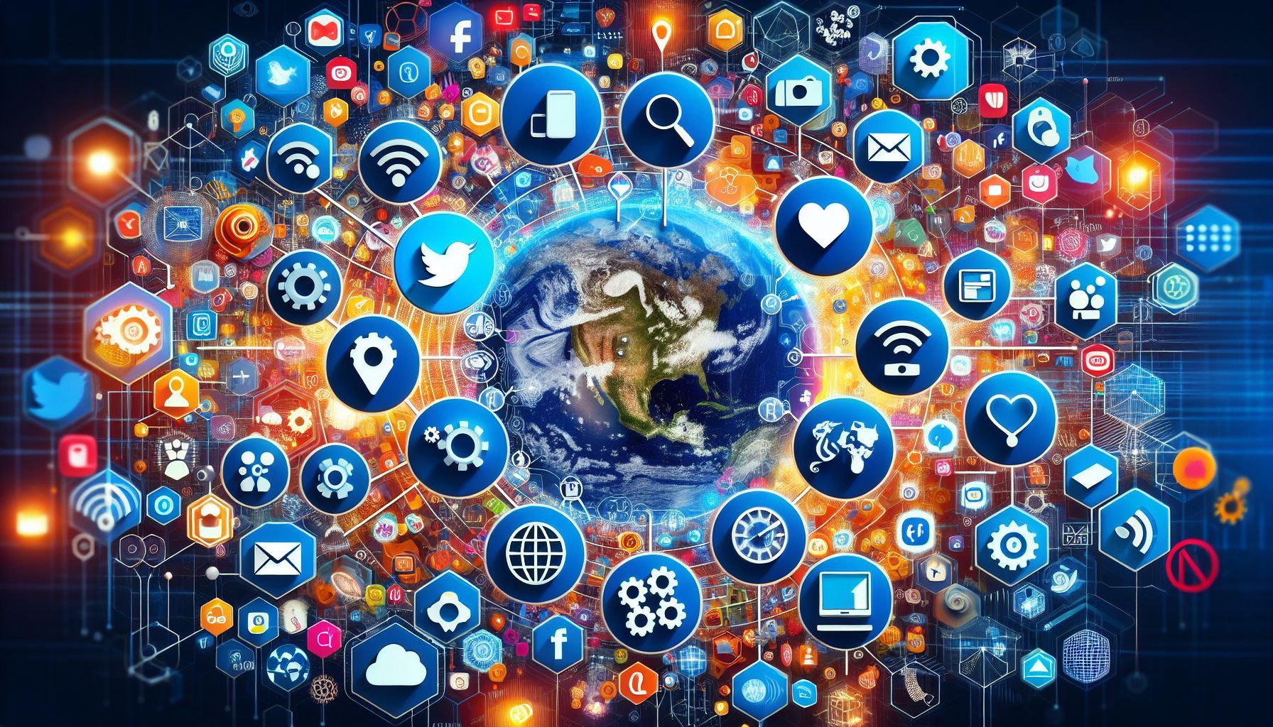 An image showing the interplay of various online platforms - symbolized by different digital icons - being effectively used for social media marketing in the Romanian market.
