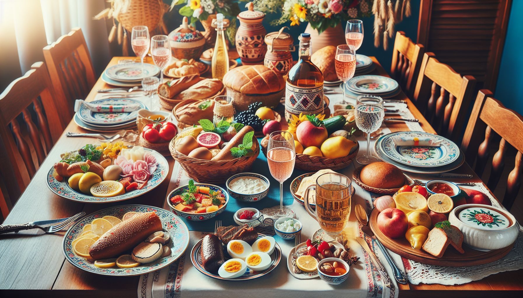 Una mesa bellamente dispuesta con una selección de platos y bebidas tradicionales rumanos, simbolizando la hospitalidad rumana.
