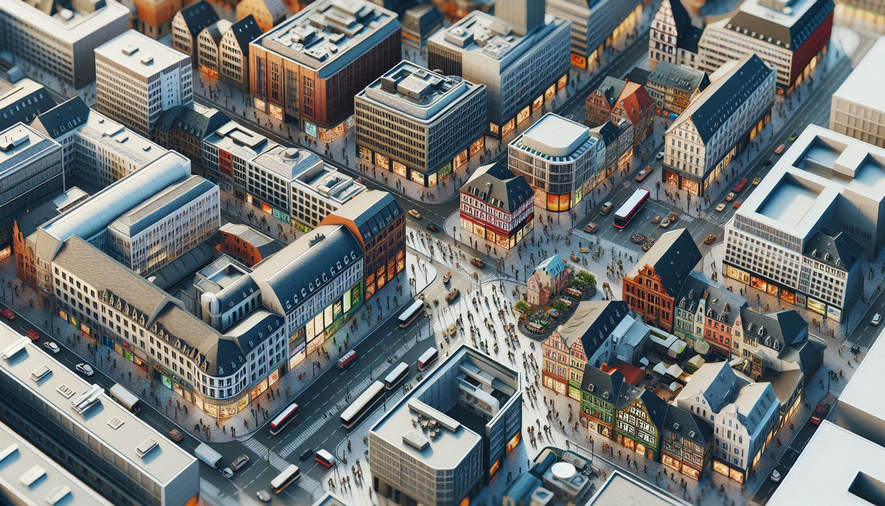 A large overhead view of bustling German city streets with a variety of commercial buildings and stores, representing the busy German marketplace.