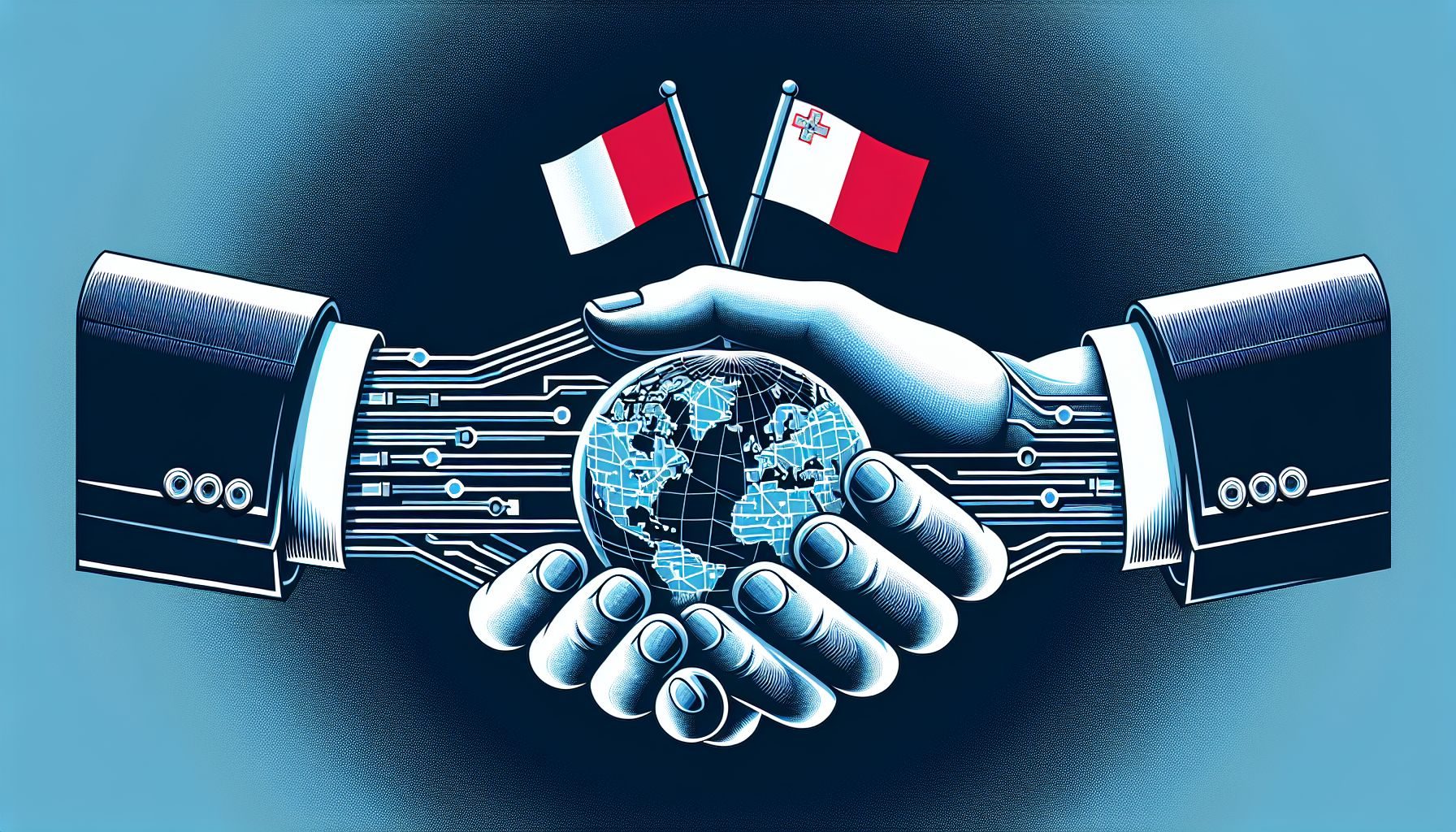 An abstract representation of a business partnership where two hands, one holding a miniaturized Maltese flag and the other holding a world globe, are meeting halfway to signify effective collaborations with local experts.