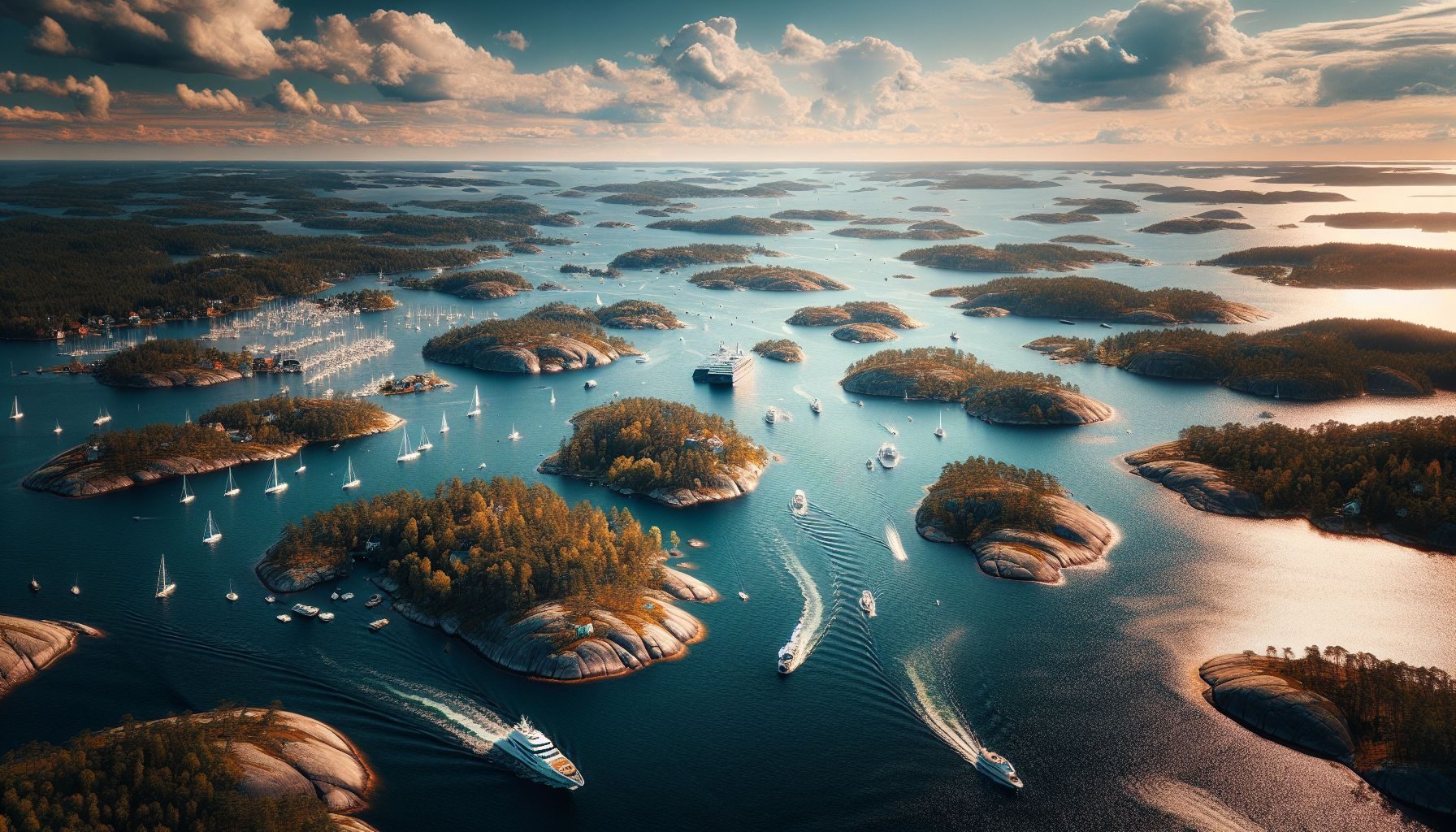 Uma pitoresca vista panorâmica da costa sueca pontilhada de belas ilhas e águas cintilantes, com vários magníficos iates navegando à distância.