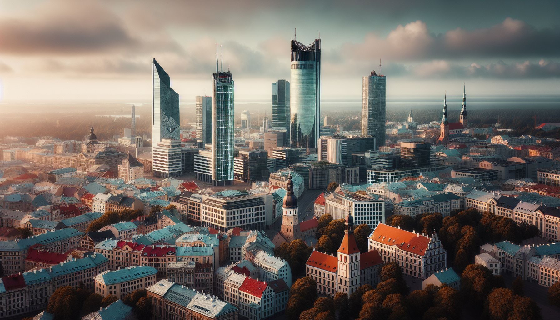 A aerial shot of Latvia’s skyline, showing the juxtaposition of ancient architecture and modern skyscrapers representing the booming economy.
