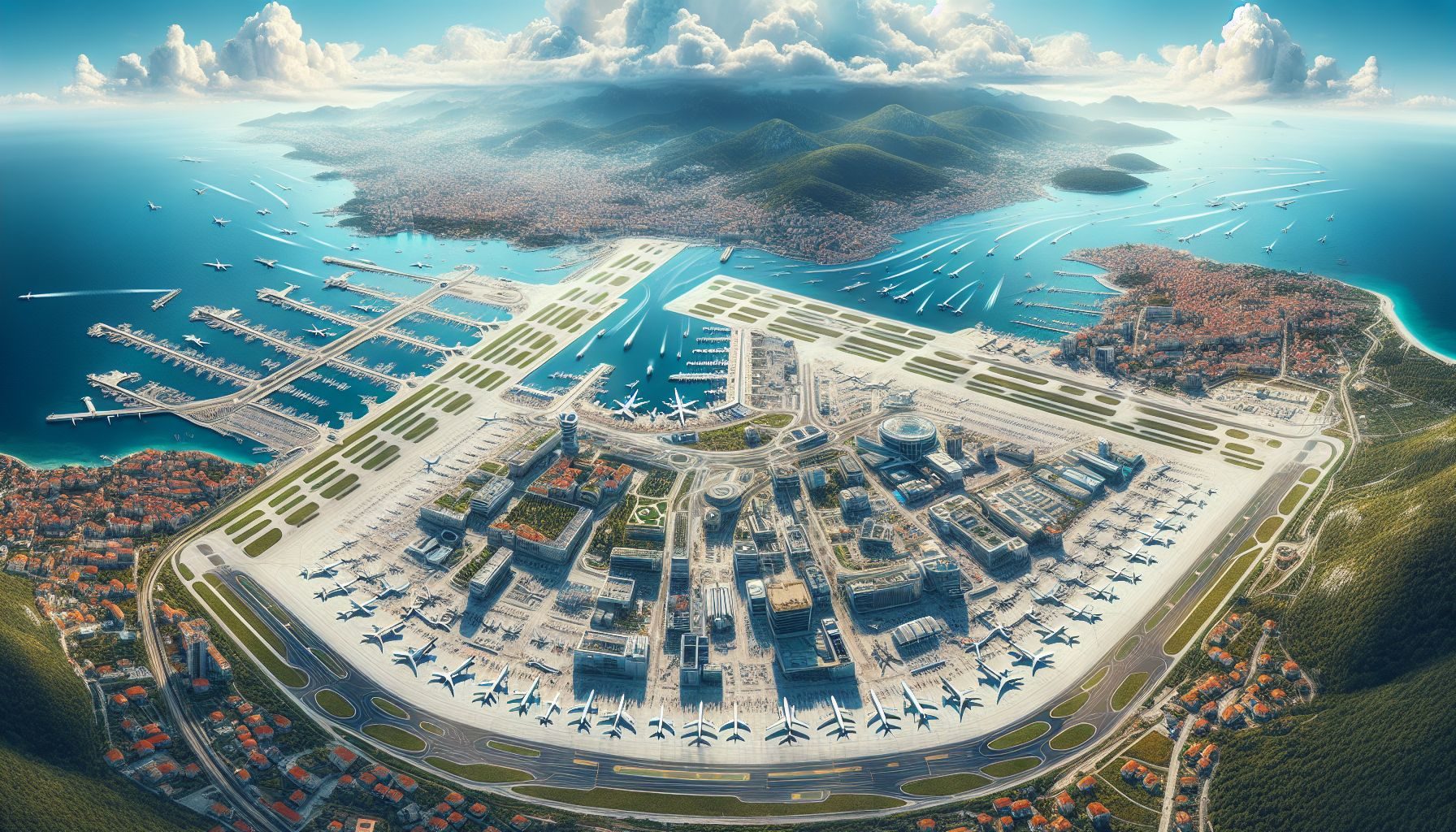 A panoramic aerial view of Montenegro's major airport bustling with activity, illustrating the growth and development of Montenegro's aviation sector.