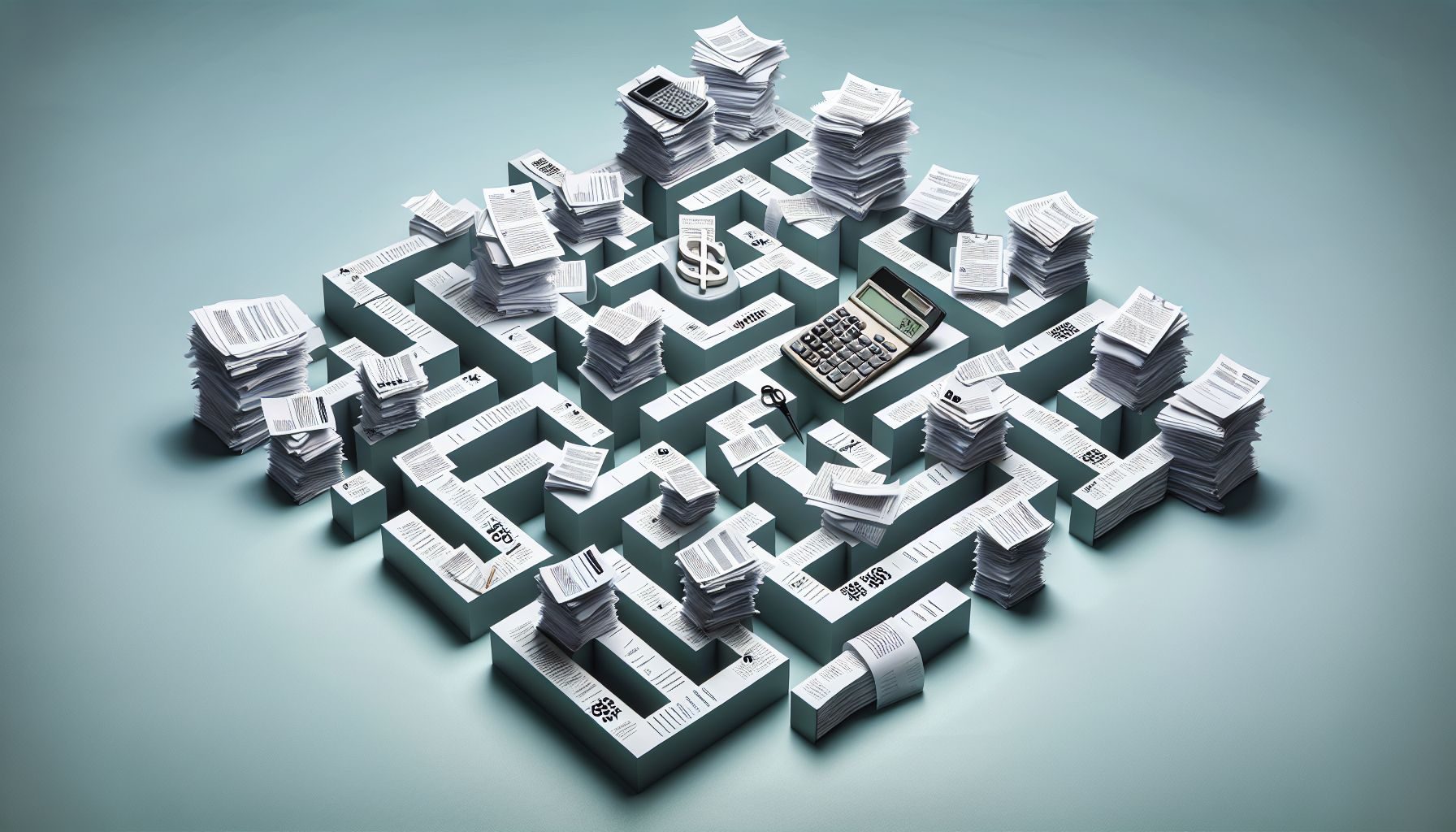 A maze made out of documents and calculators, signifying the complexity of Romanian tax compliance and the possible hurdles to overcome.