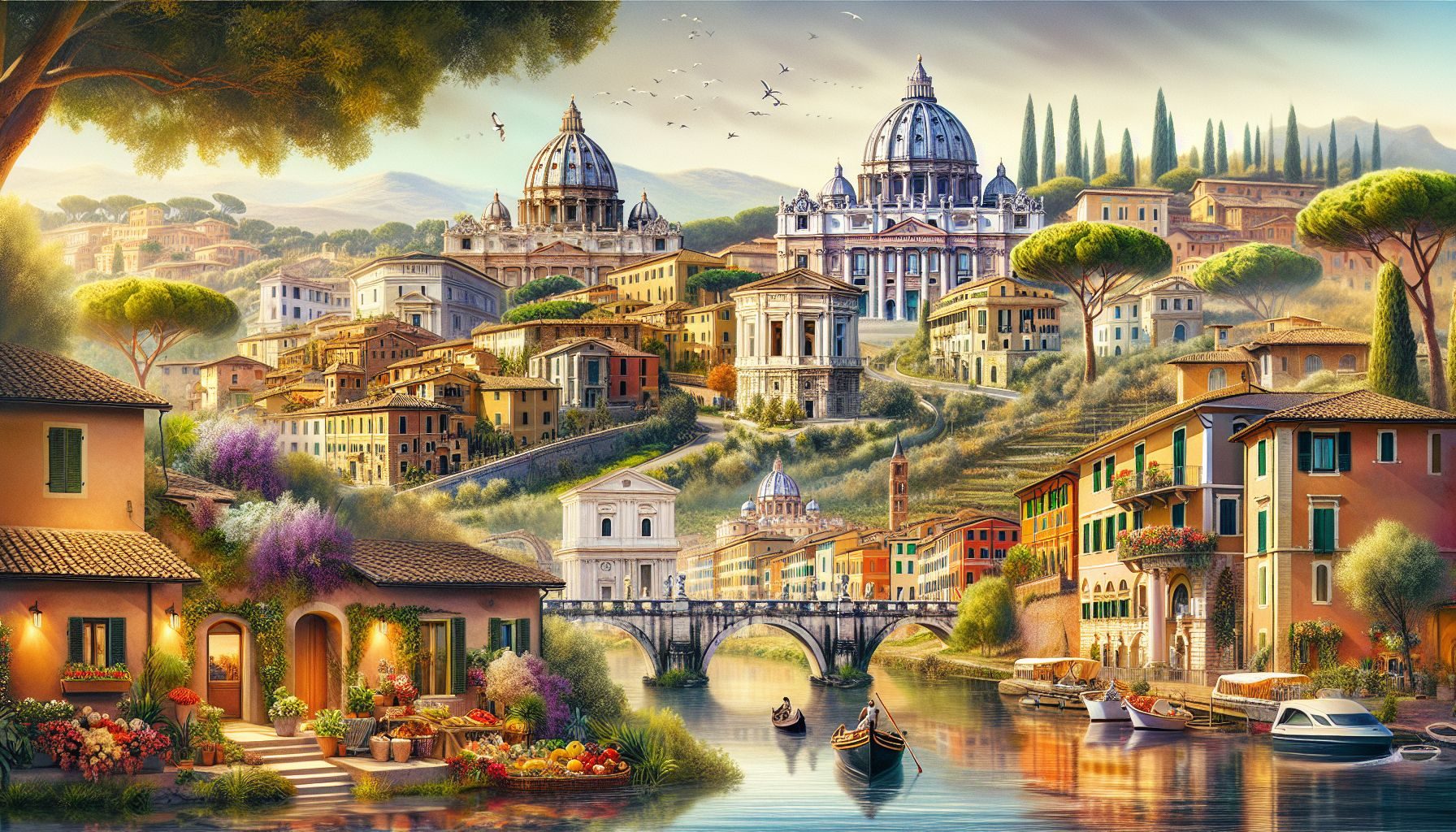 Una escena pintoresca que muestra una variedad de propiedades italianas, que van desde una animada escena de ciudad en Roma hasta una tranquila vista rural en el sur de Italia, representando la diversidad del mercado inmobiliario italiano.