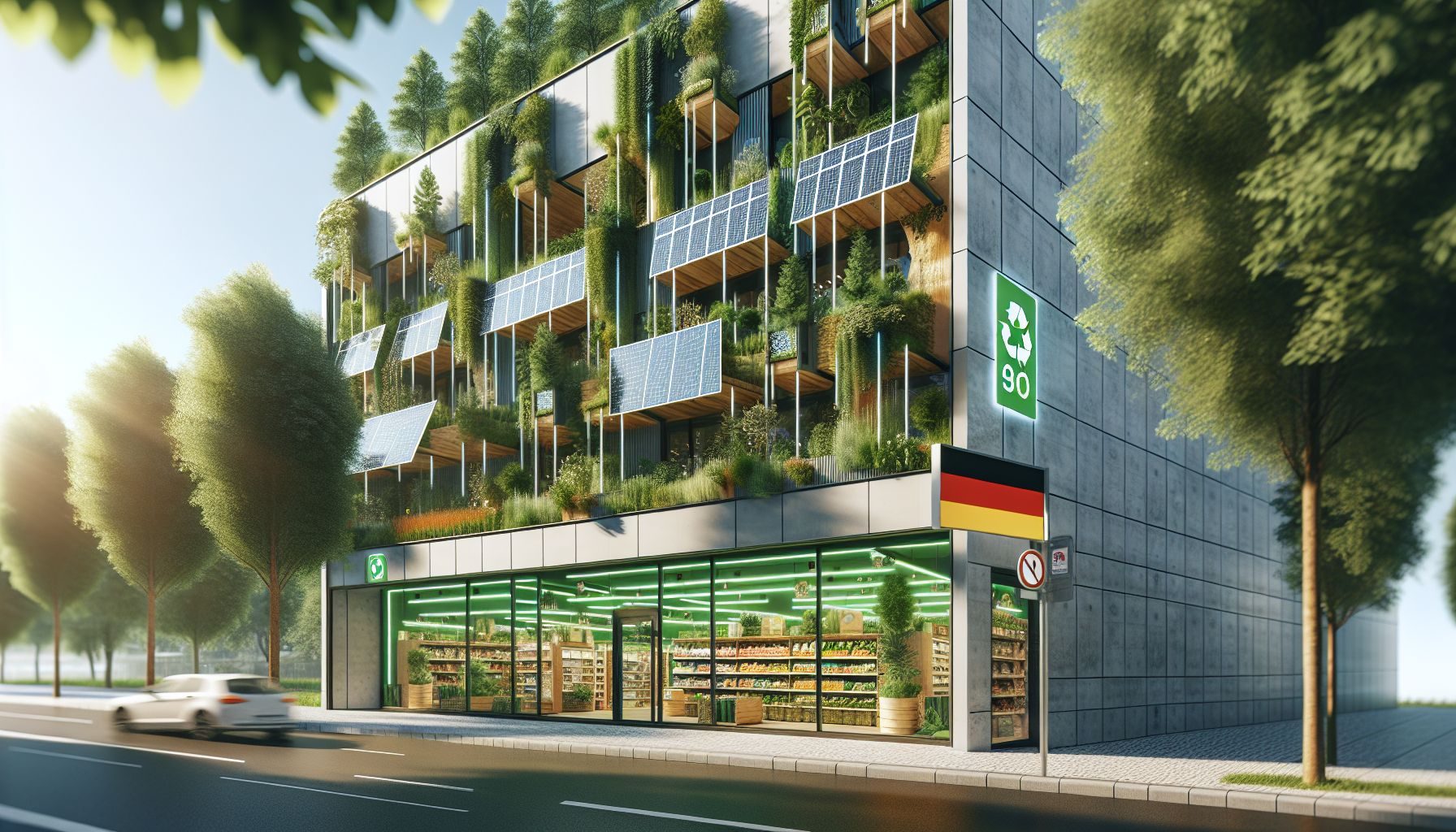 A photograph of a modern, eco-friendly physical store front in Germany, with subtle elements conveying the sustainable and orderly practices valued in German culture.