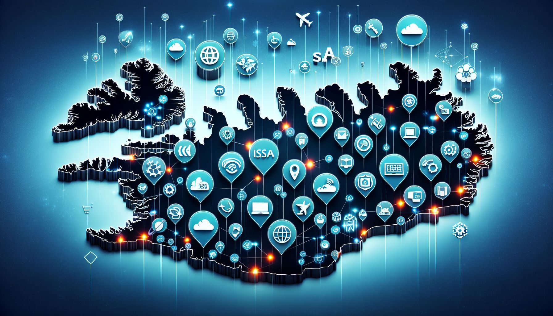 A digital map of Iceland with various tech icons signifying thriving SaaS industries across the country.