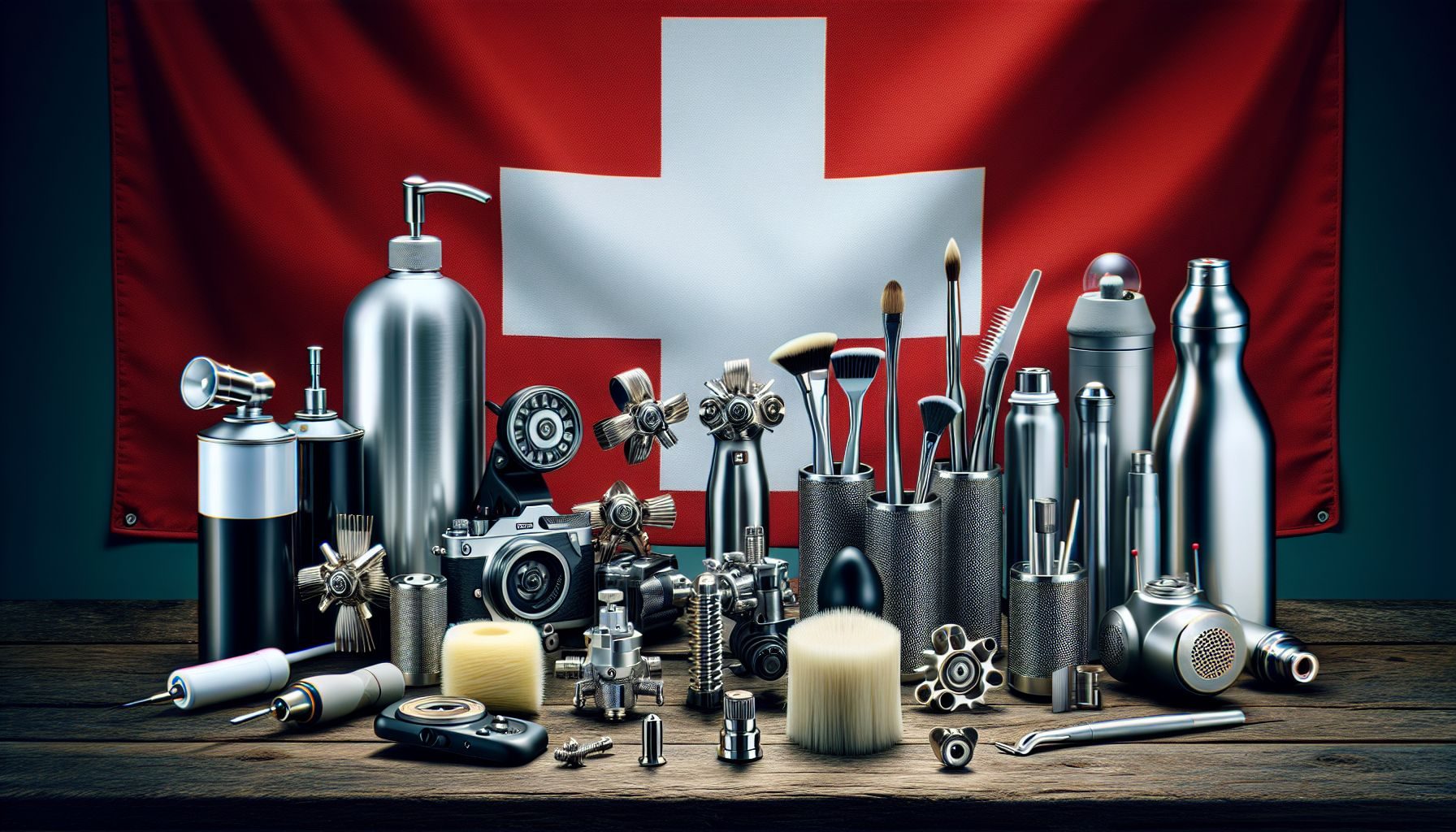 Una variedad de productos suizos de alta calidad y duraderos, mostrados y reflejando un sentido de orgullo y sofisticación suiza.