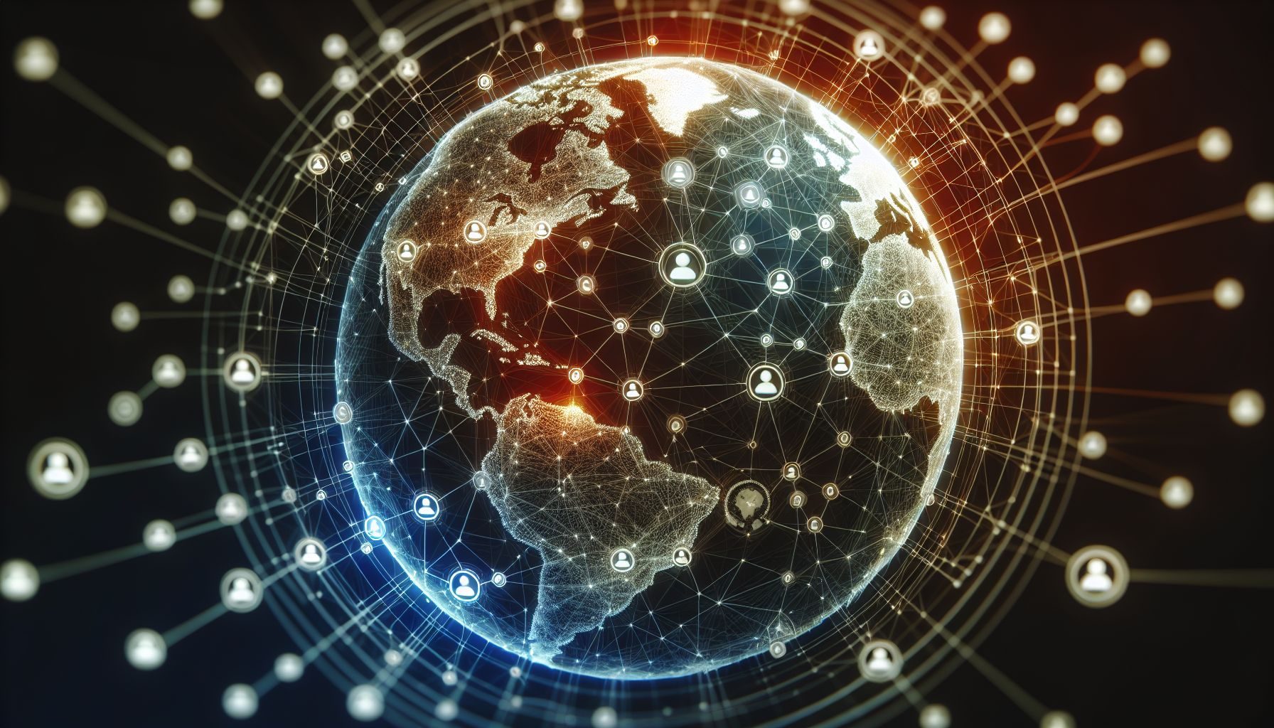 Un globe numérique stylisé avec divers nœuds interconnectés symbolisant les réseaux et communautés en ligne, avec des lignes accentuées menant vers et depuis la France pour représenter l'importance de créer des connexions et de construire une forte présence numérique.