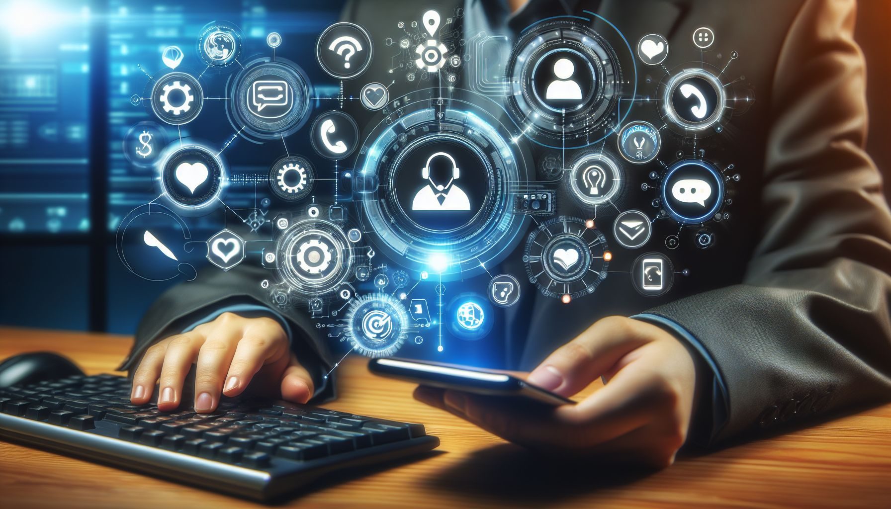 Una imagen centrada en la tecnología de un sistema de soporte al cliente digital que incluye chatbots e íconos de redes sociales.