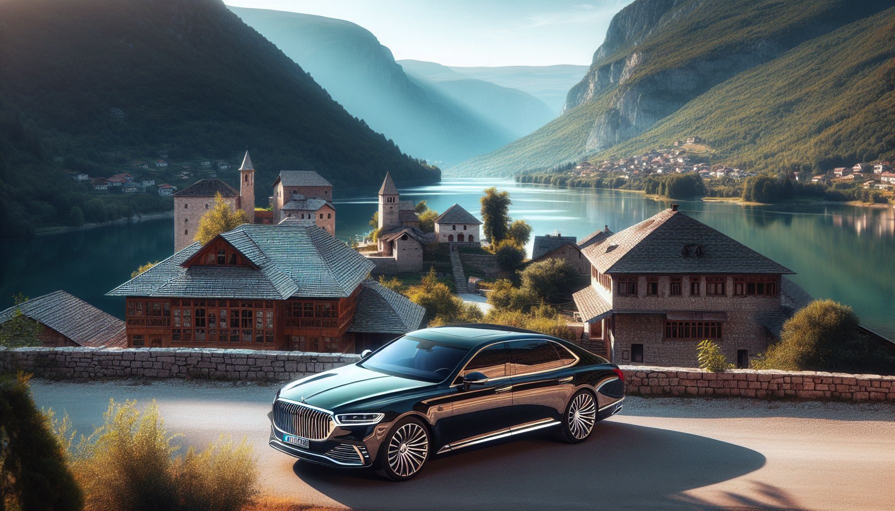 Une Mercedes-Benz S-Class élégante et brillante garée devant un paysage bosniaque pittoresque, démontrant la fusion du luxe et de l'architecture locale.