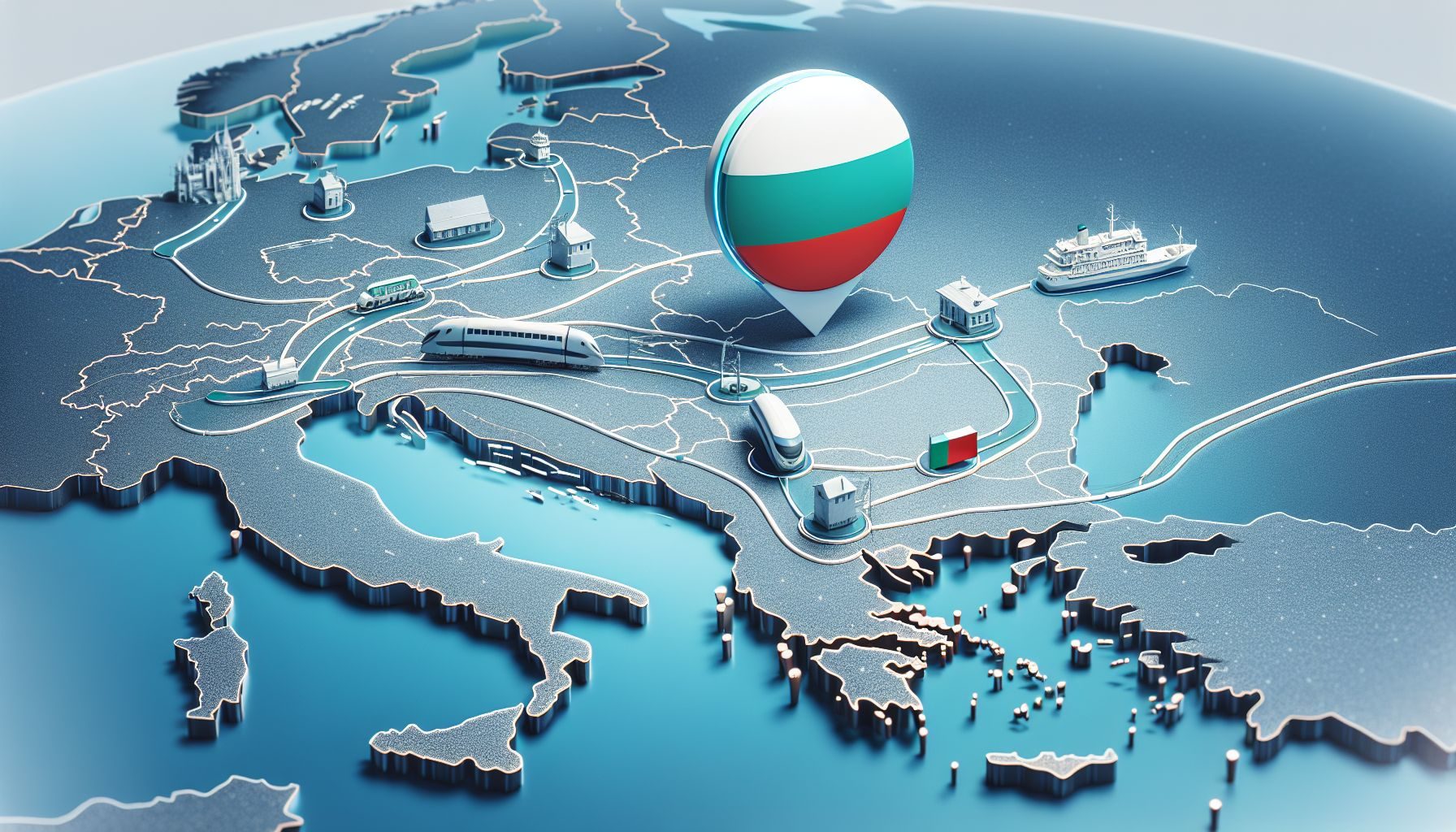 A graphical representation highlighting Bulgaria on the map of Europe, showcasing its strategic positioning that supports easy accessibility via different means of transportation such as sea, rail and road routes.