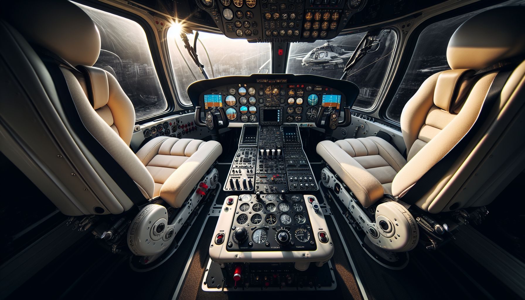 Um cockpit de helicóptero imaculado capturando a complexidade dos controles e o luxo do arranjo dos assentos, sugerindo uma manutenção de alta qualidade.
