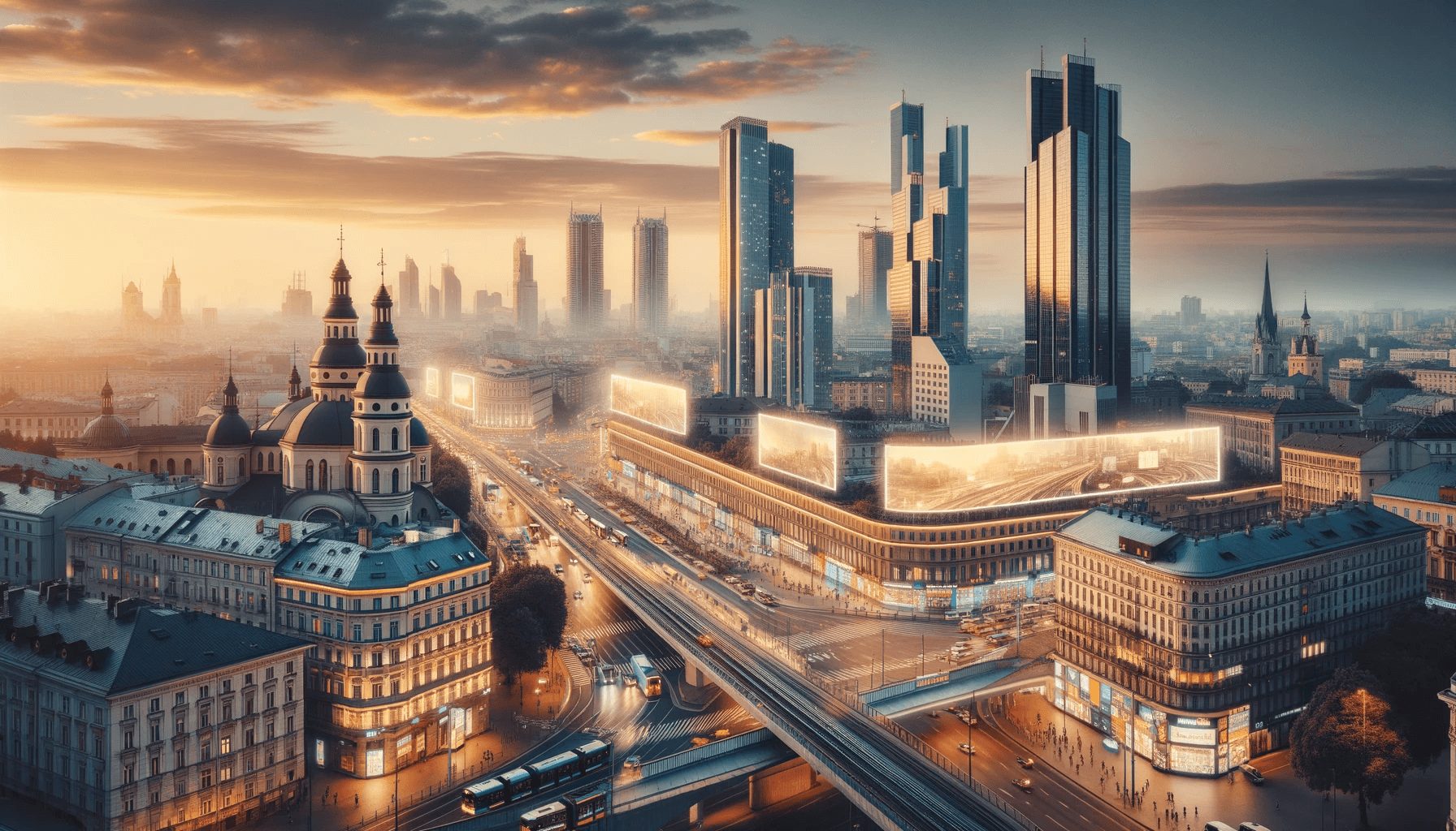 Photo landscape of a bustling European cityscape with skyscrapers showcasing digital billboards. The scene is set during twilight with a warm golden hour.