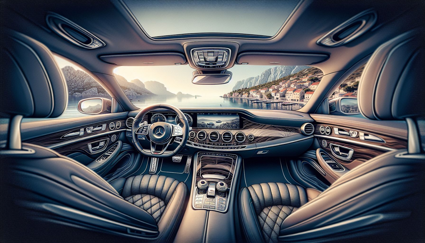 A dashboard view of Mercedes-Benz S-Class highlighting its intricate detailing, modern controls and plush leather seats, with a blurred picturesque Croatian coastal landscape seen through the windshield.