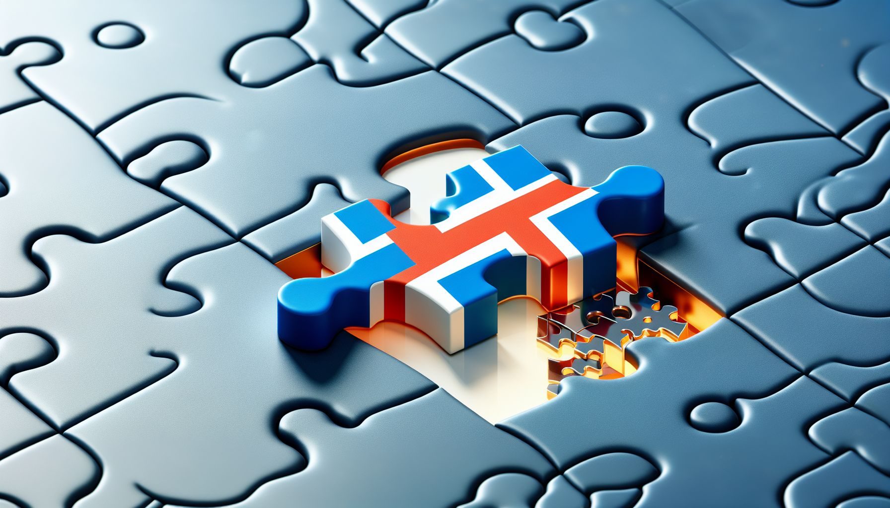 A symbolic image showing a jigsaw puzzle piece embellished with Iceland's flag seamlessly fitting into a large puzzle representing the global business landscape.