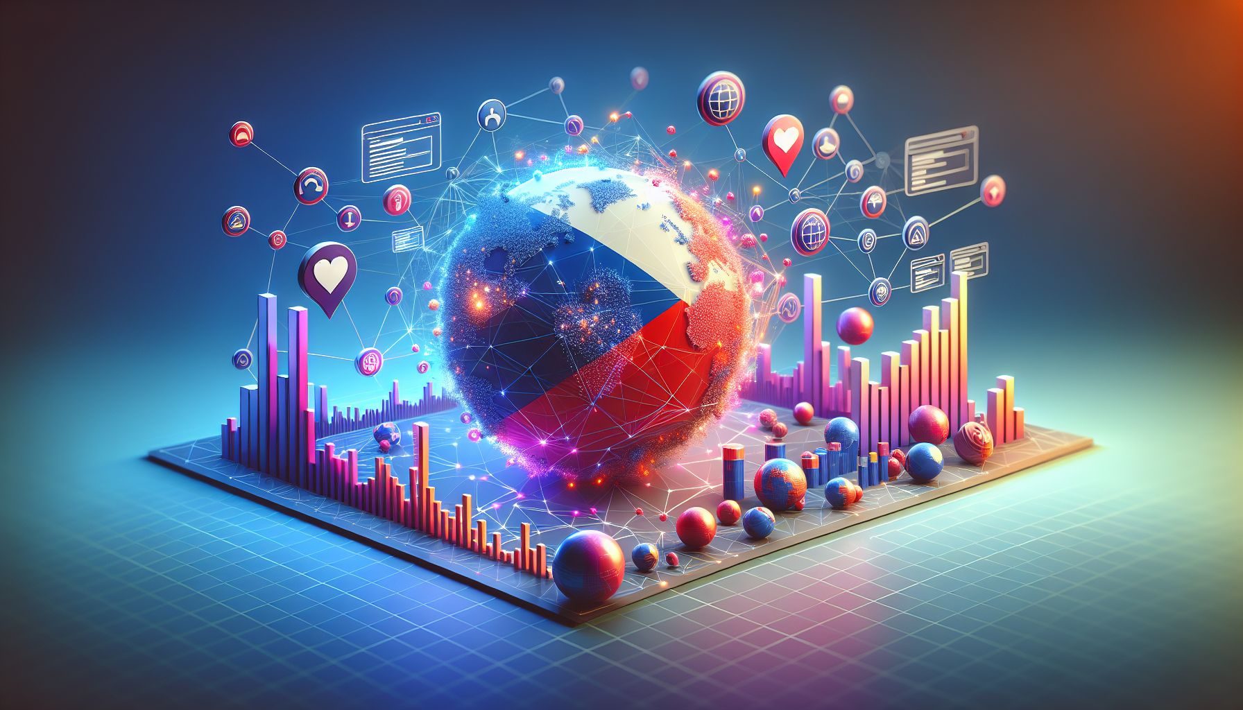 A 3D graphical representation showing internet penetration and social media usage statistics in Czechia.