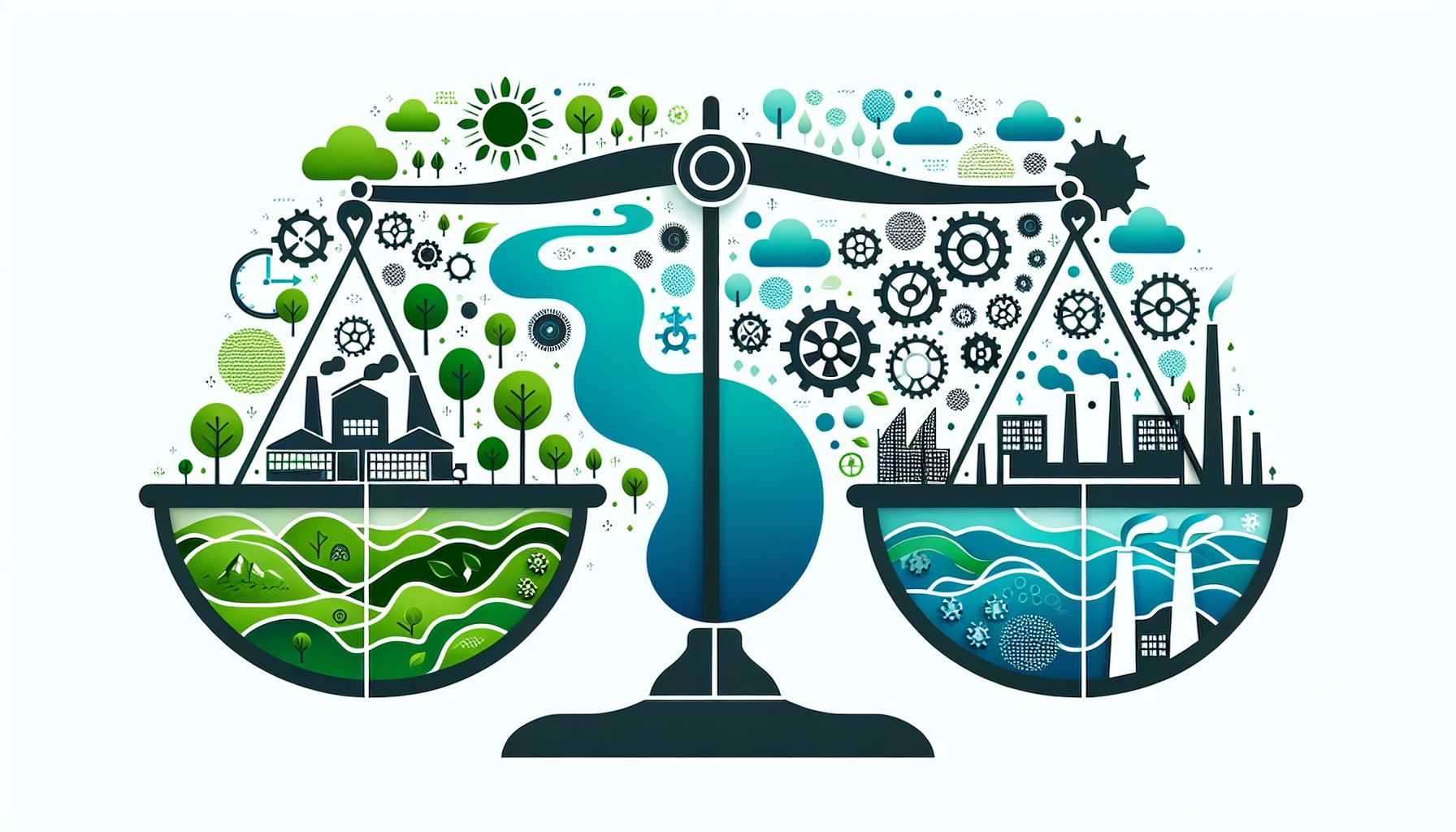 A conceptual image of a balanced scale, with one side featuring earthy elements, symbolizing the environment, and the other side featuring industrial elements symbolizing economic business activities, illustrating the balance between business and sustainability.