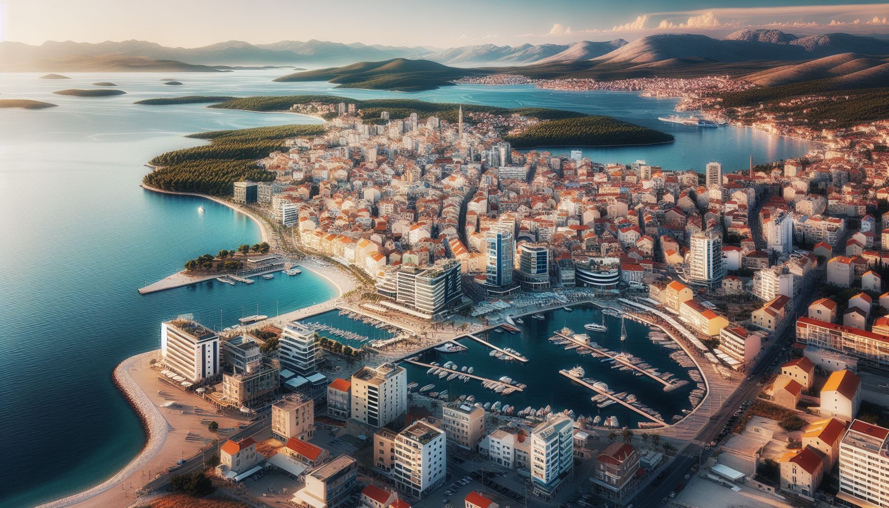 Une vue panoramique à angle élevé d'une ville animée en Croatie, mettant en valeur le paysage urbain vibrant, une infrastructure bien développée et la pittoresque côte adriatique au loin.