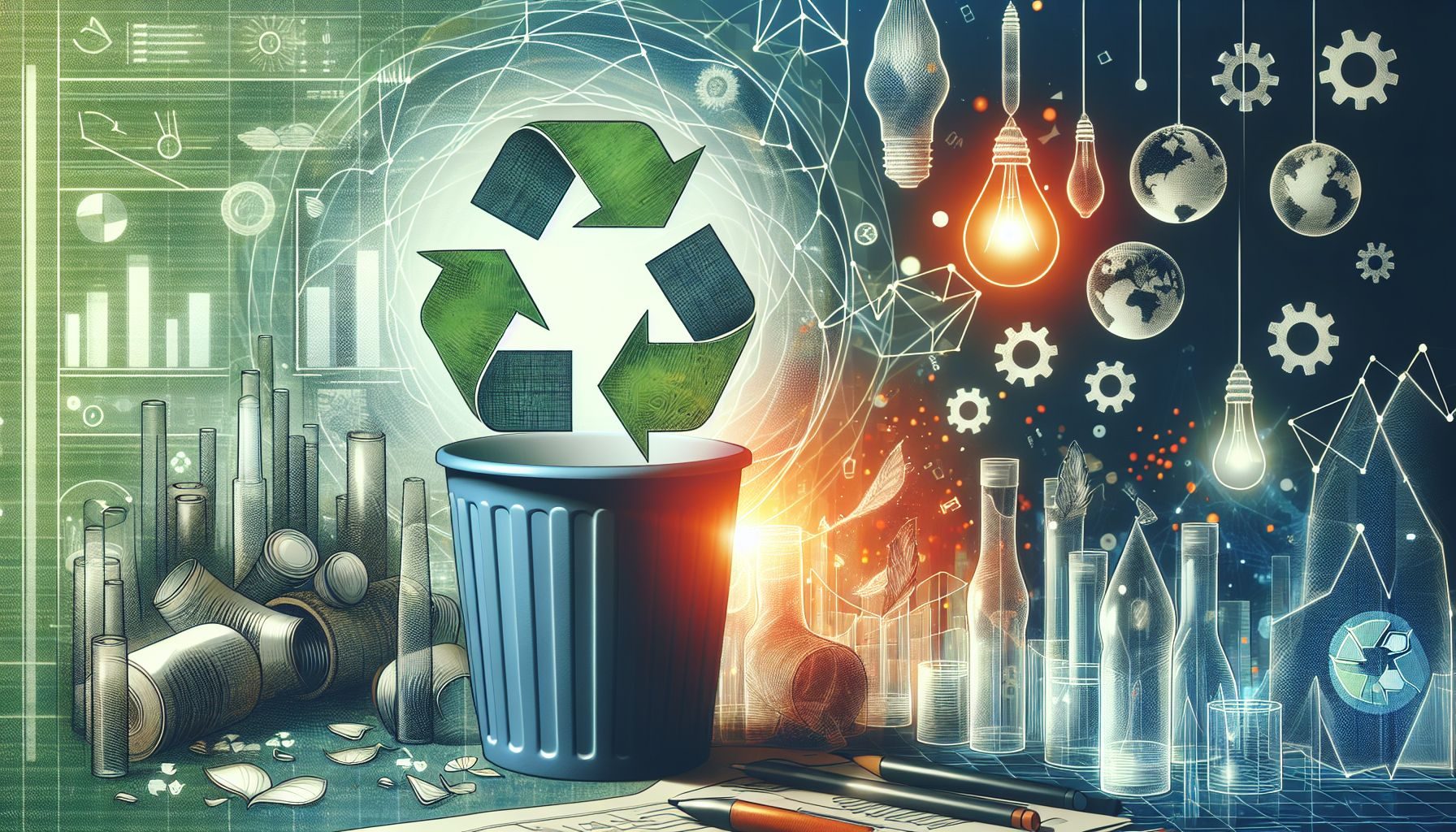 Une illustration abstraite démontrant le concept de gestion des déchets et de recyclage dans un contexte commercial.