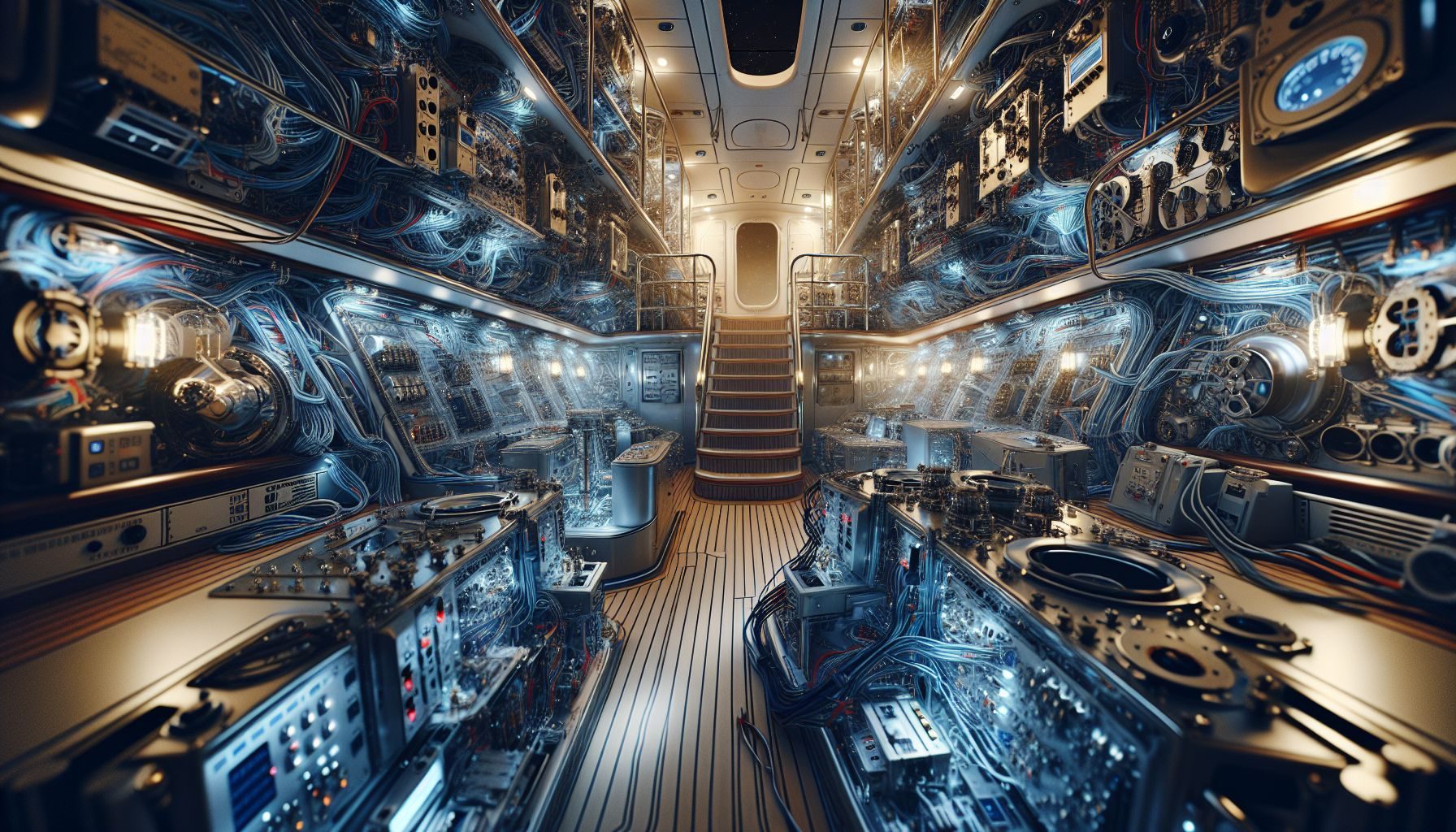 Uma imagem em close-up capturando o meticuloso processo de inspeção dos sistemas e espaços interiores de um iate, destacando os intrincados detalhes técnicos, mas sem delinear qualquer pessoa realizando a tarefa.