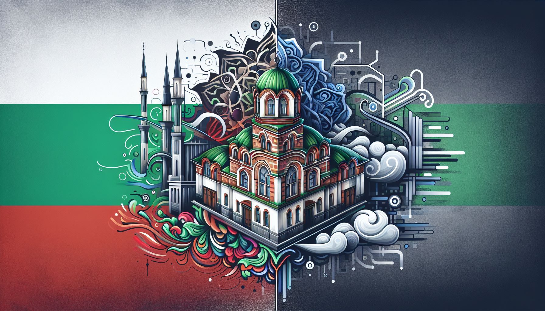 Une image symbolique présentant un mélange de l'architecture traditionnelle et moderne de la Bulgarie, symbolisant le mélange des stratégies traditionnelles et modernes utilisées dans le service à la clientèle bulgare.