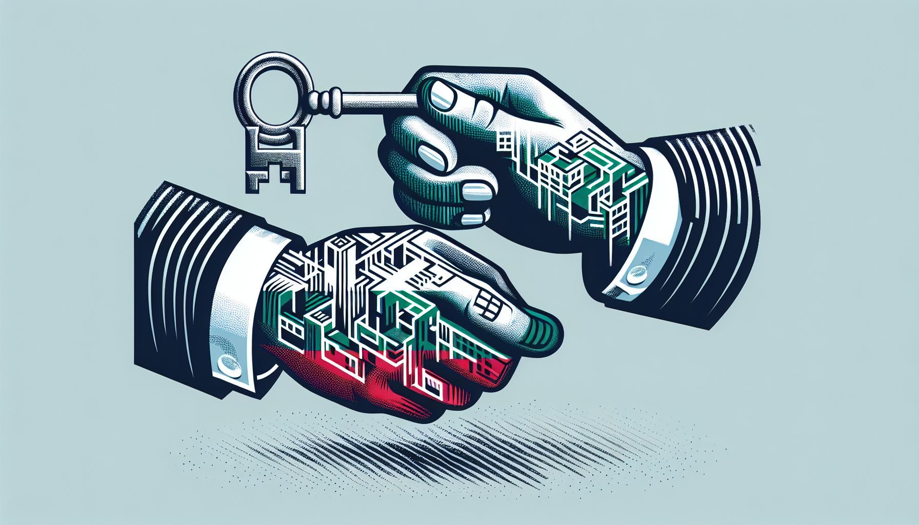 An abstract representation of a local partnership; hands exchanging a symbolic key with Lithuania landmark or flag subtly incorporated in the detail.